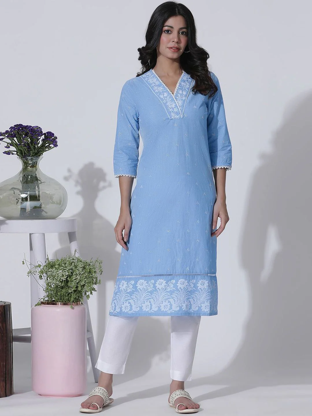 W Floral Embroidered V-Neck Cotton Straight Kurta - Image 6