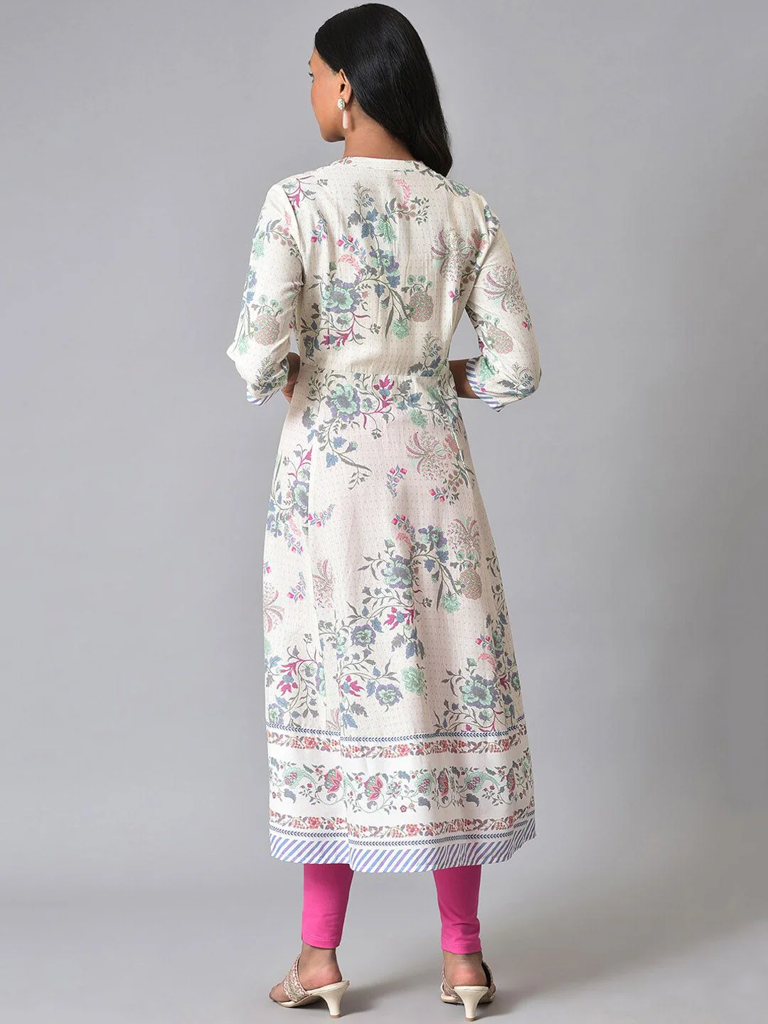 W Floral Printed Band Collar Anarkali Kurta - Image 4