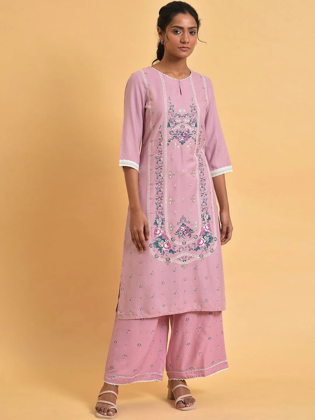 W Floral Printed Keyhole Neck Gotta Patti Kurta - Image 2