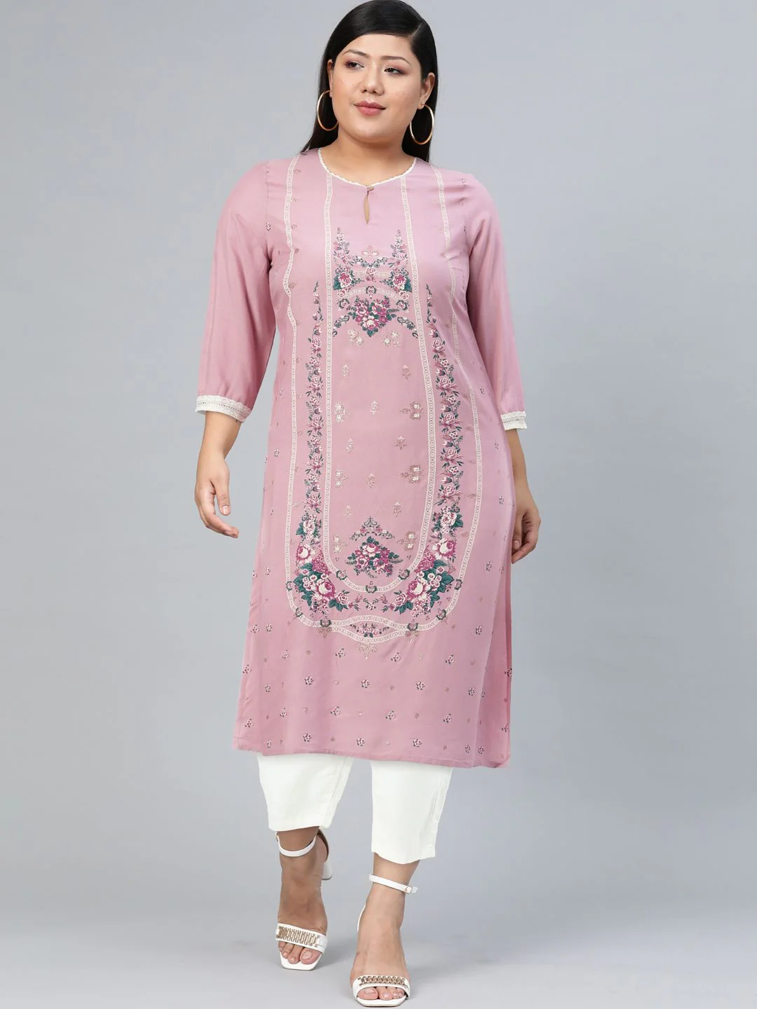 W Floral Printed Keyhole Neck Gotta Patti Kurta - Image 3