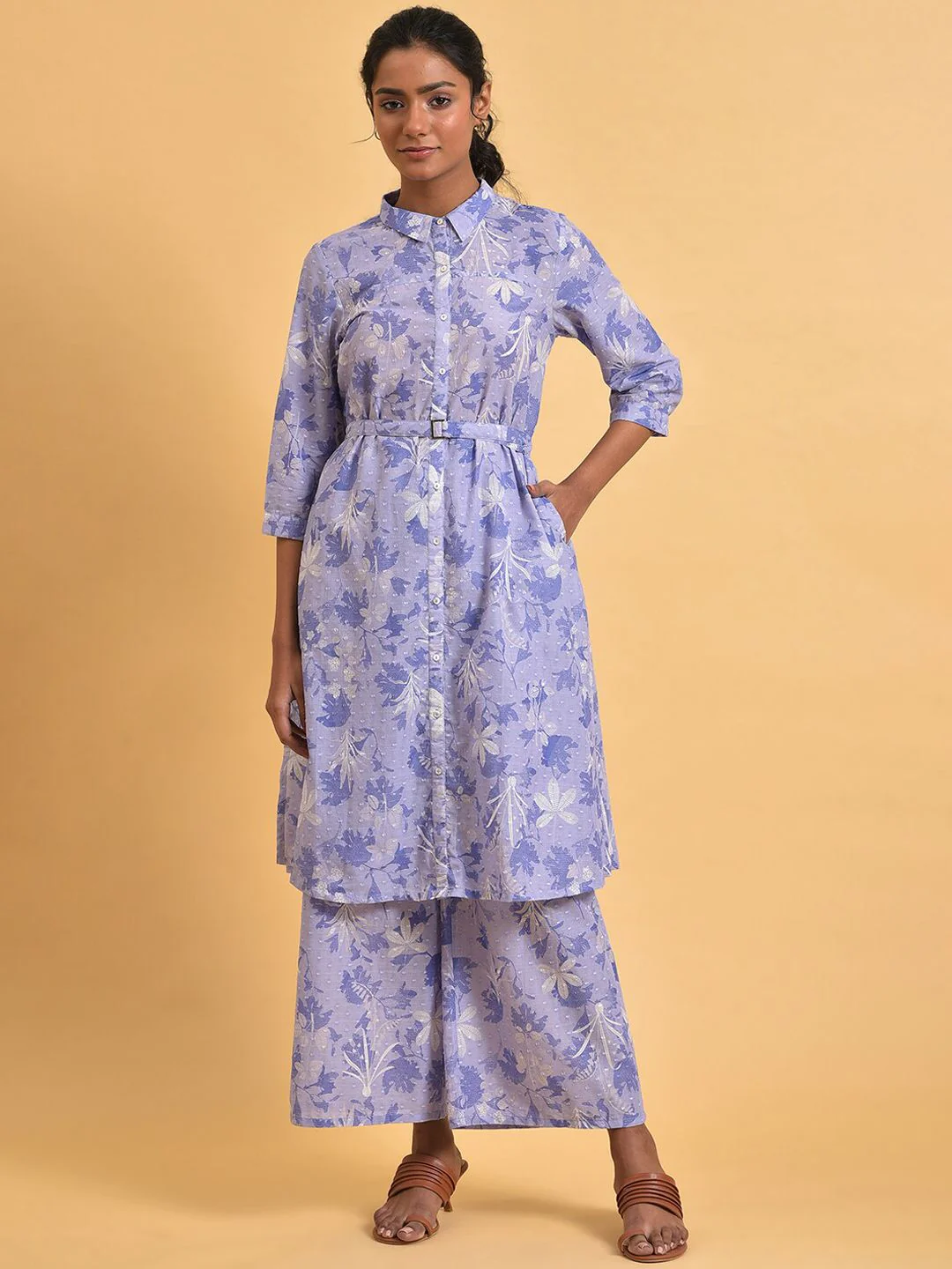 W Floral Printed Pure Cotton Kurta with Palazzos - Image 2