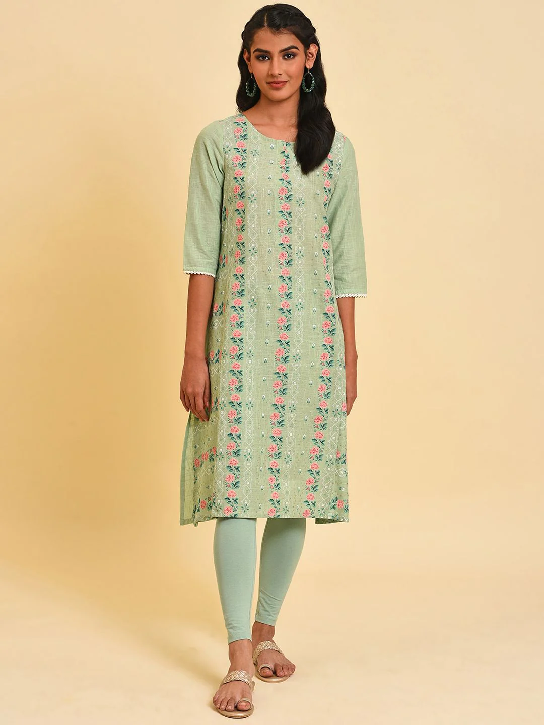 W Floral Printed Pure Cotton Straight Kurta - Image 3