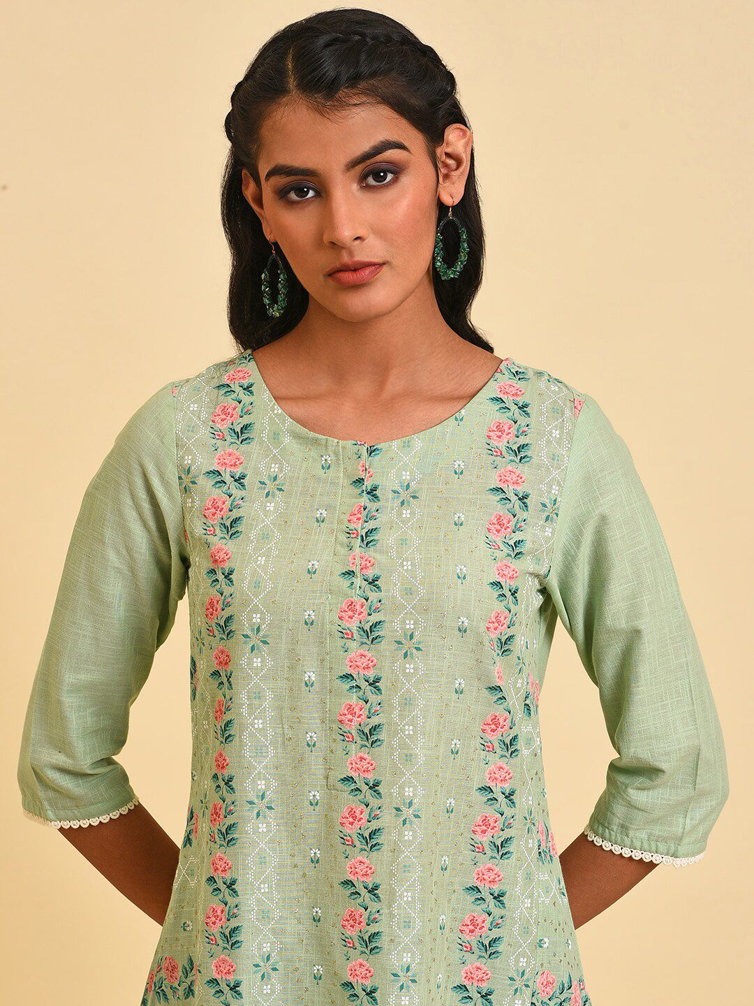 W Floral Printed Pure Cotton Straight Kurta - Image 4