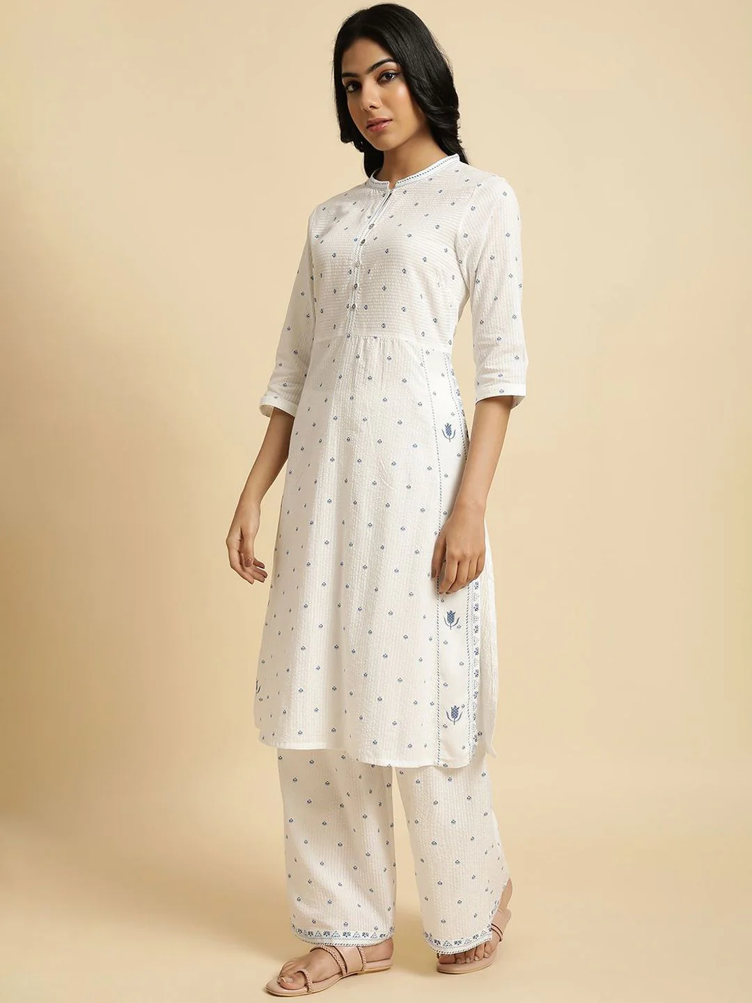 W Floral Printed Pure Cotton Straight Kurta with Trousers - Image 5