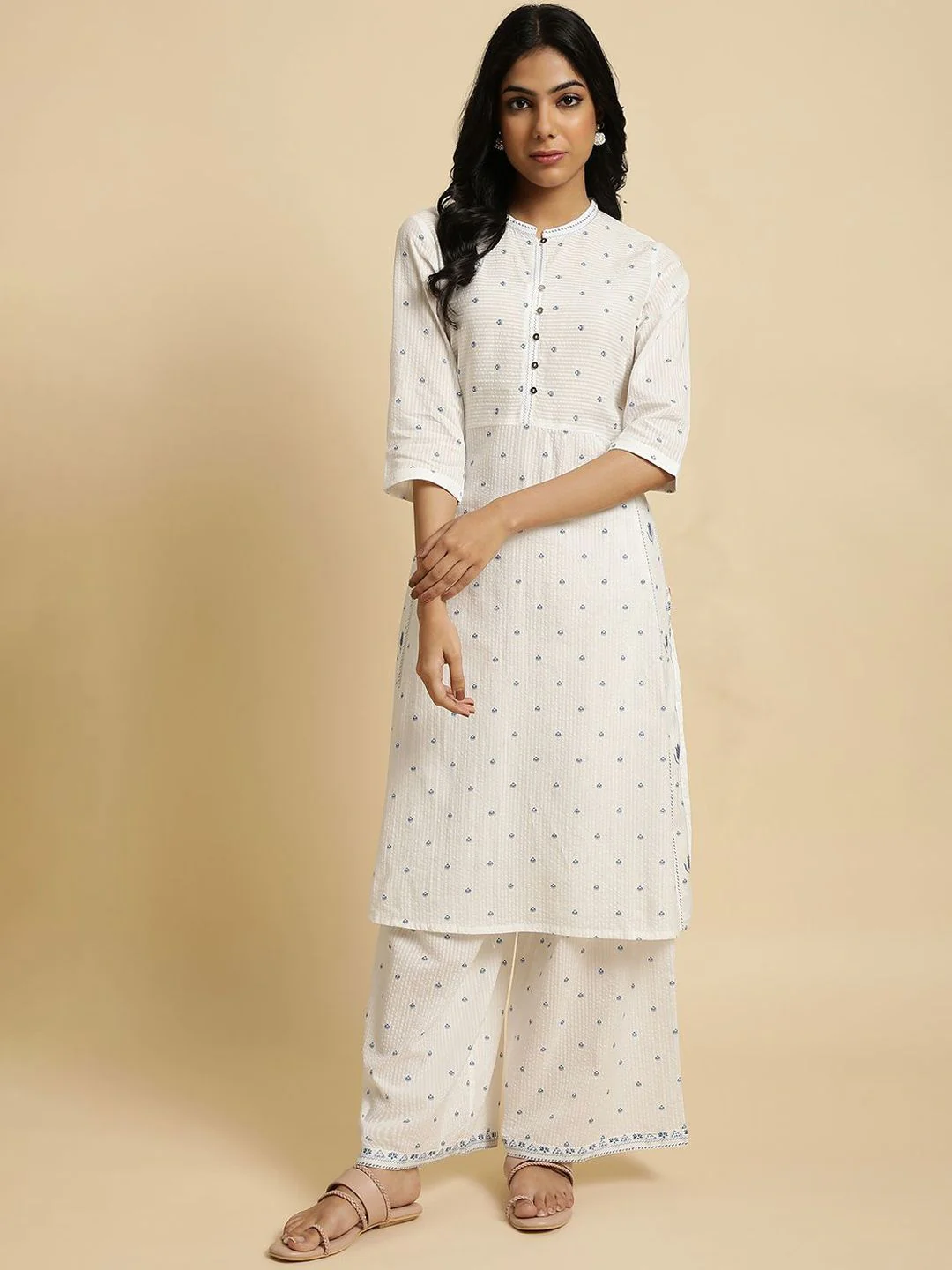 W Floral Printed Pure Cotton Straight Kurta with Trousers - Image 6