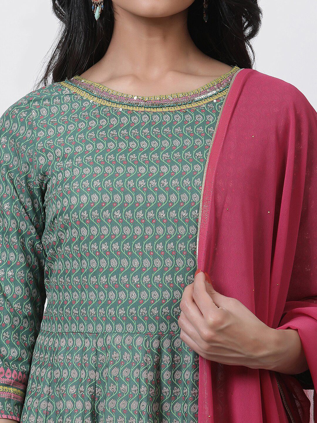 W Floral Printed Round Neck Maxi Dress With Dupatta - Image 2