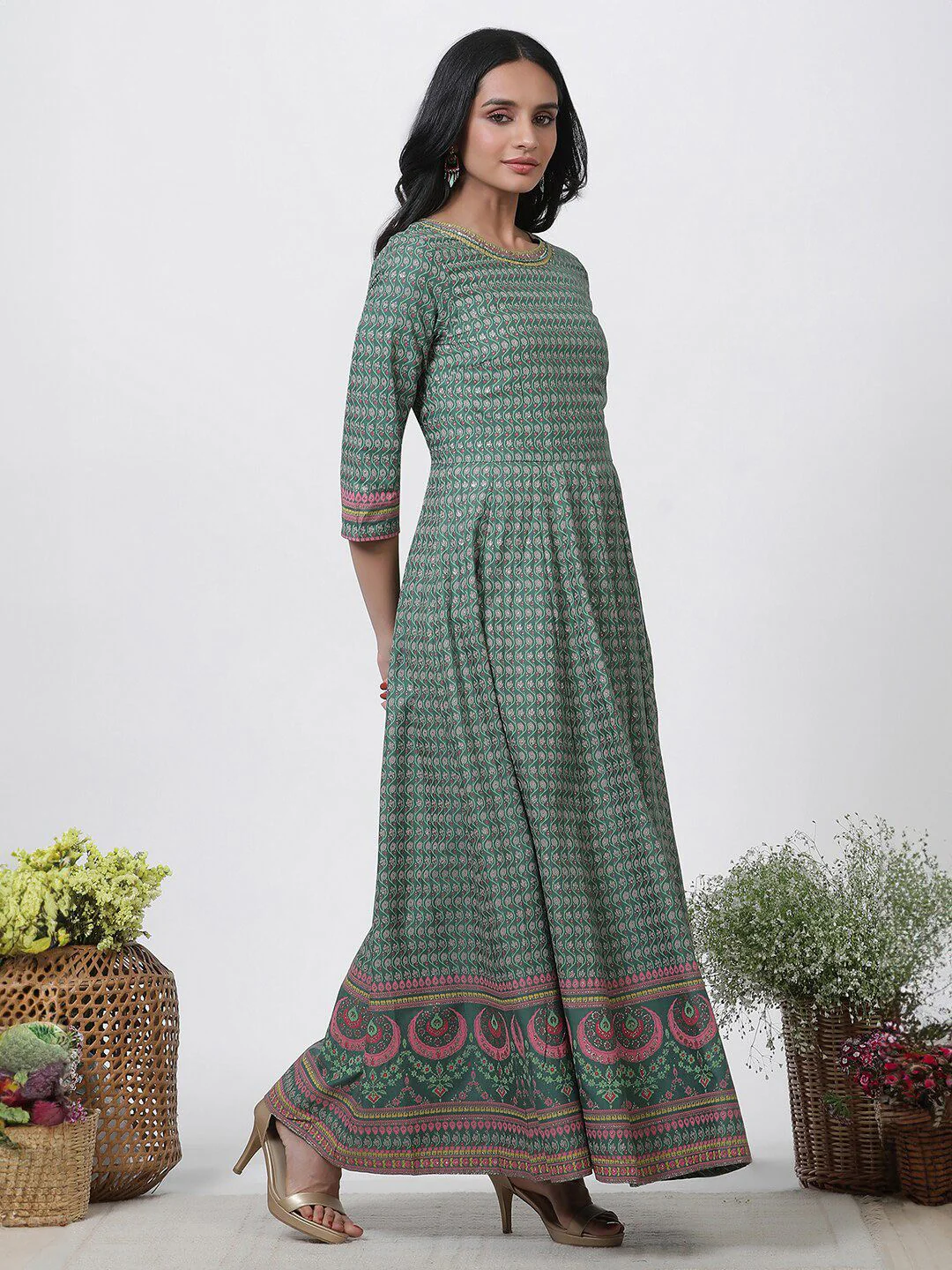 W Floral Printed Round Neck Maxi Dress With Dupatta - Image 3