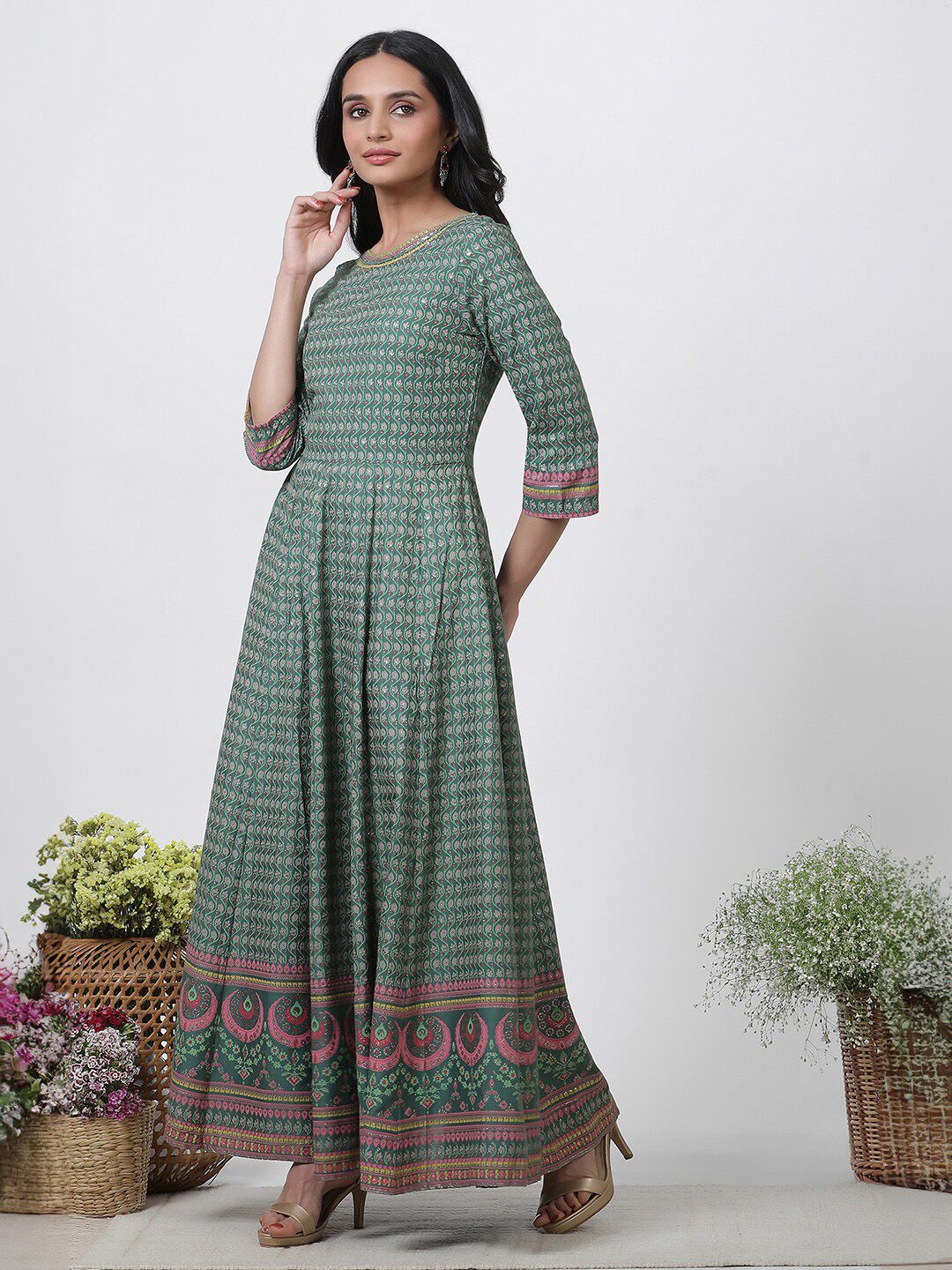 W Floral Printed Round Neck Maxi Dress With Dupatta - Image 5