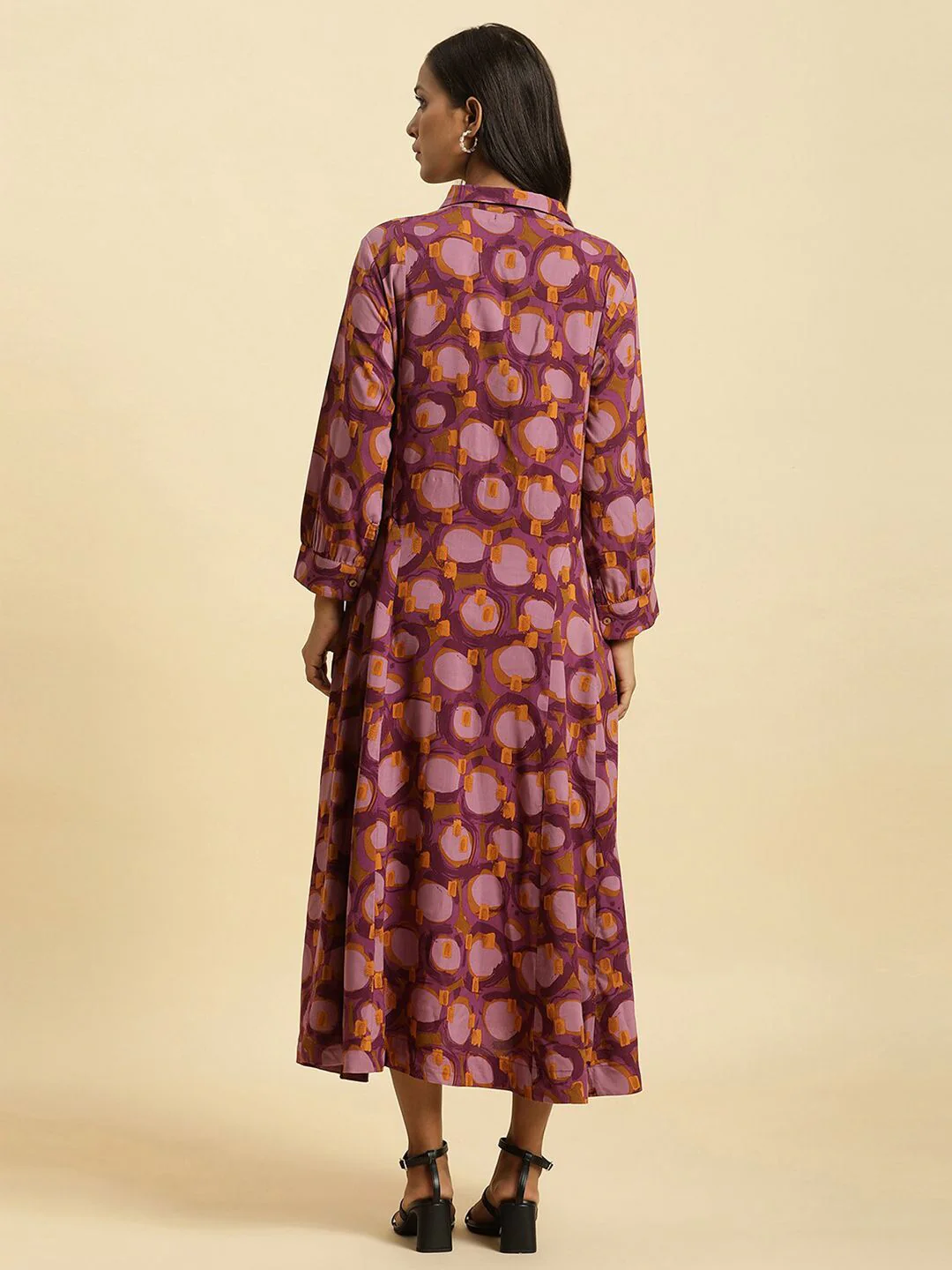 W Floral Printed Shirt Collar Cuffed Sleeves Shirt Style Dress - Image 4