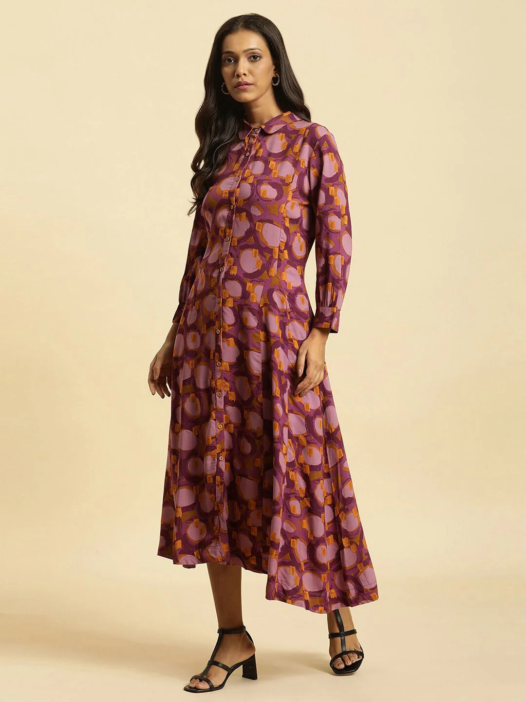W Floral Printed Shirt Collar Cuffed Sleeves Shirt Style Dress - Image 5