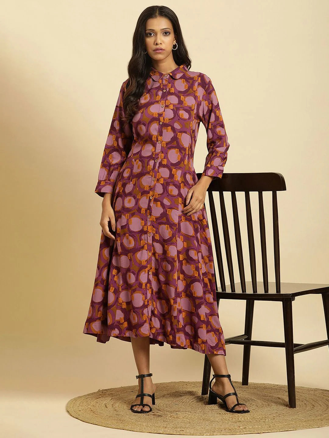 W Floral Printed Shirt Collar Cuffed Sleeves Shirt Style Dress - Image 6