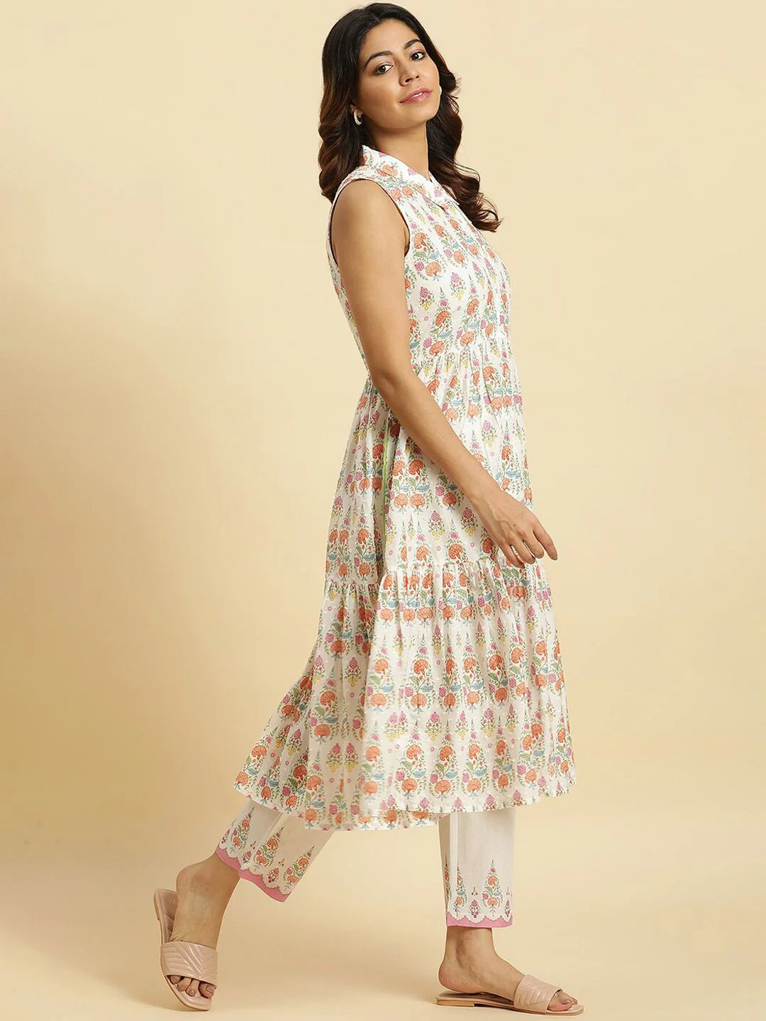 W Floral Printed Shirt Collar Pure Cotton Anarkali Kurta with Trousers - Image 3