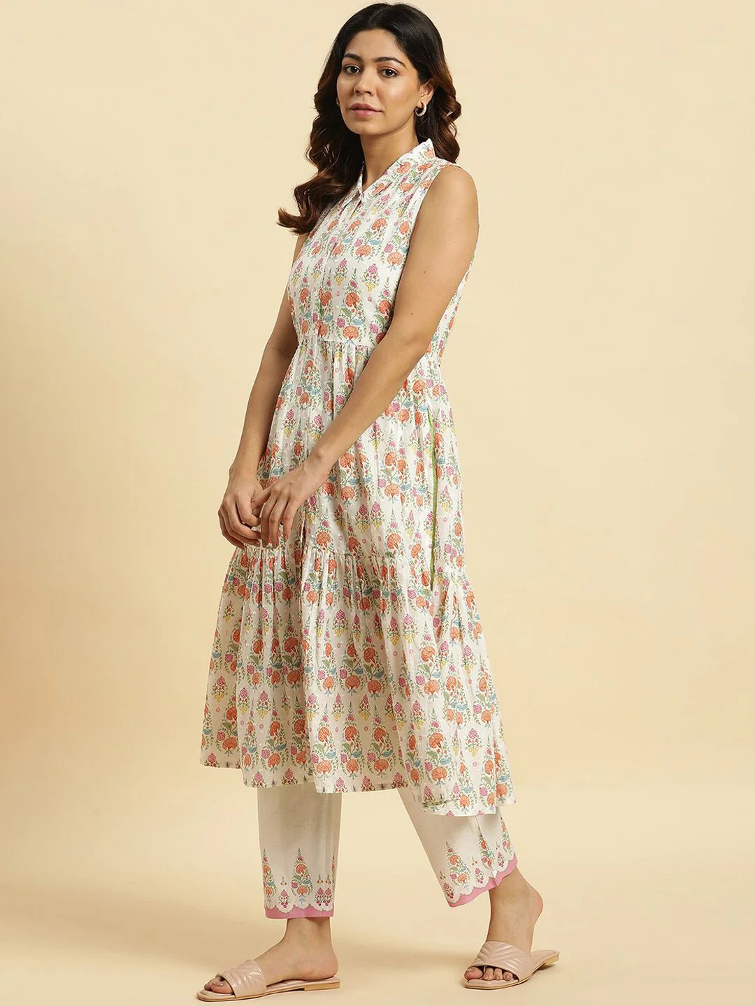 W Floral Printed Shirt Collar Pure Cotton Anarkali Kurta with Trousers - Image 4