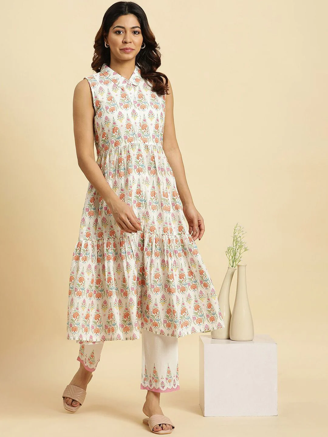 W Floral Printed Shirt Collar Pure Cotton Anarkali Kurta with Trousers - Image 5