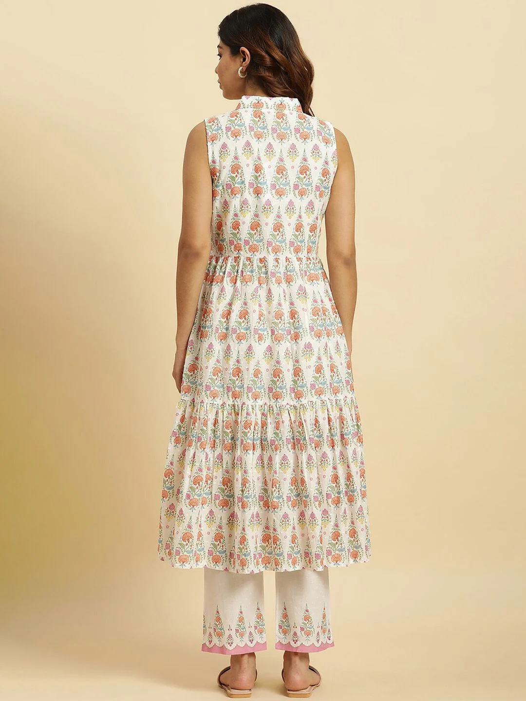 W Floral Printed Shirt Collar Pure Cotton Anarkali Kurta with Trousers - Image 7