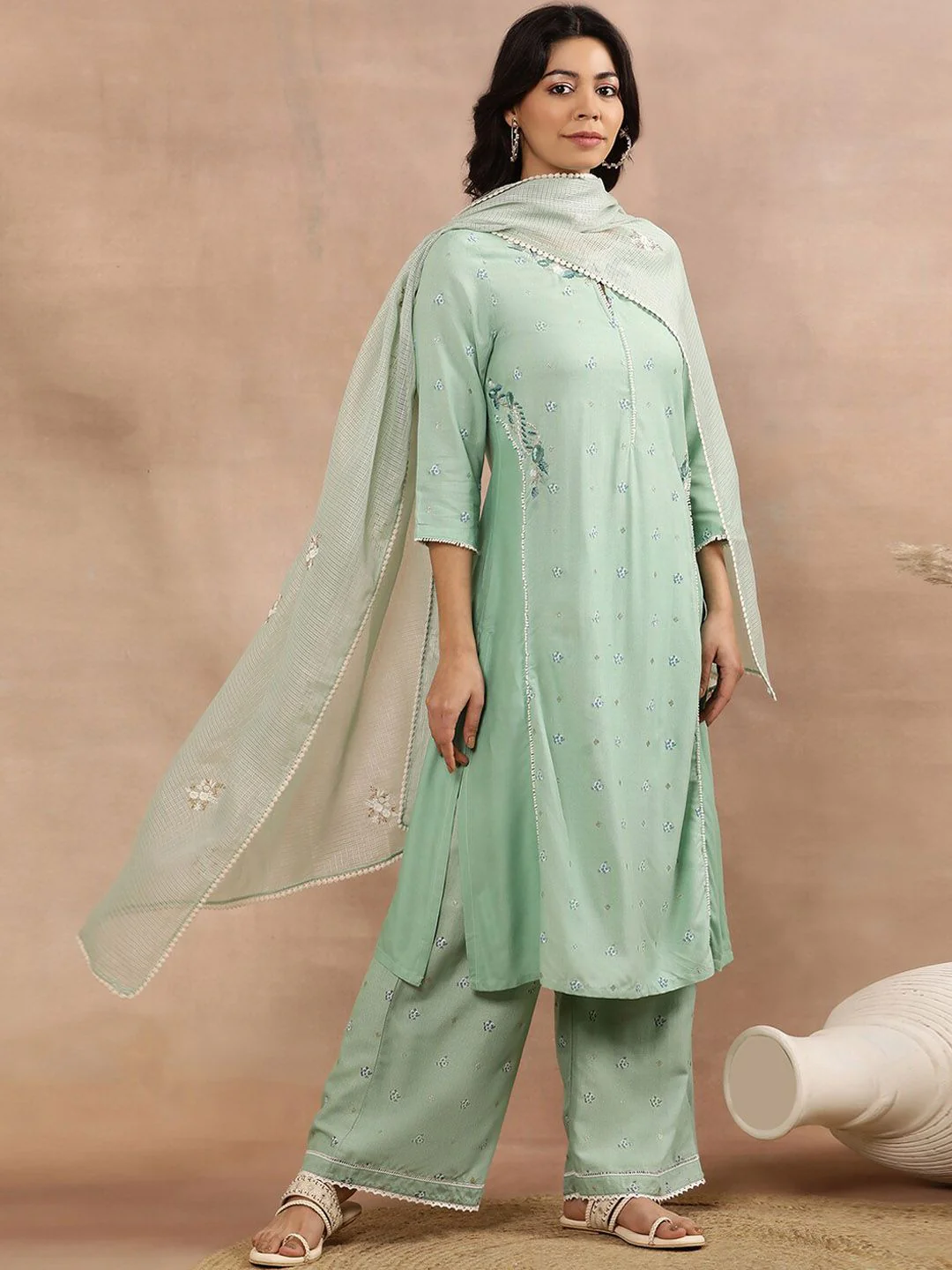 W Floral Printed Thread Work Keyhole Neck Kurta With Trousers & Dupatta - Image 6