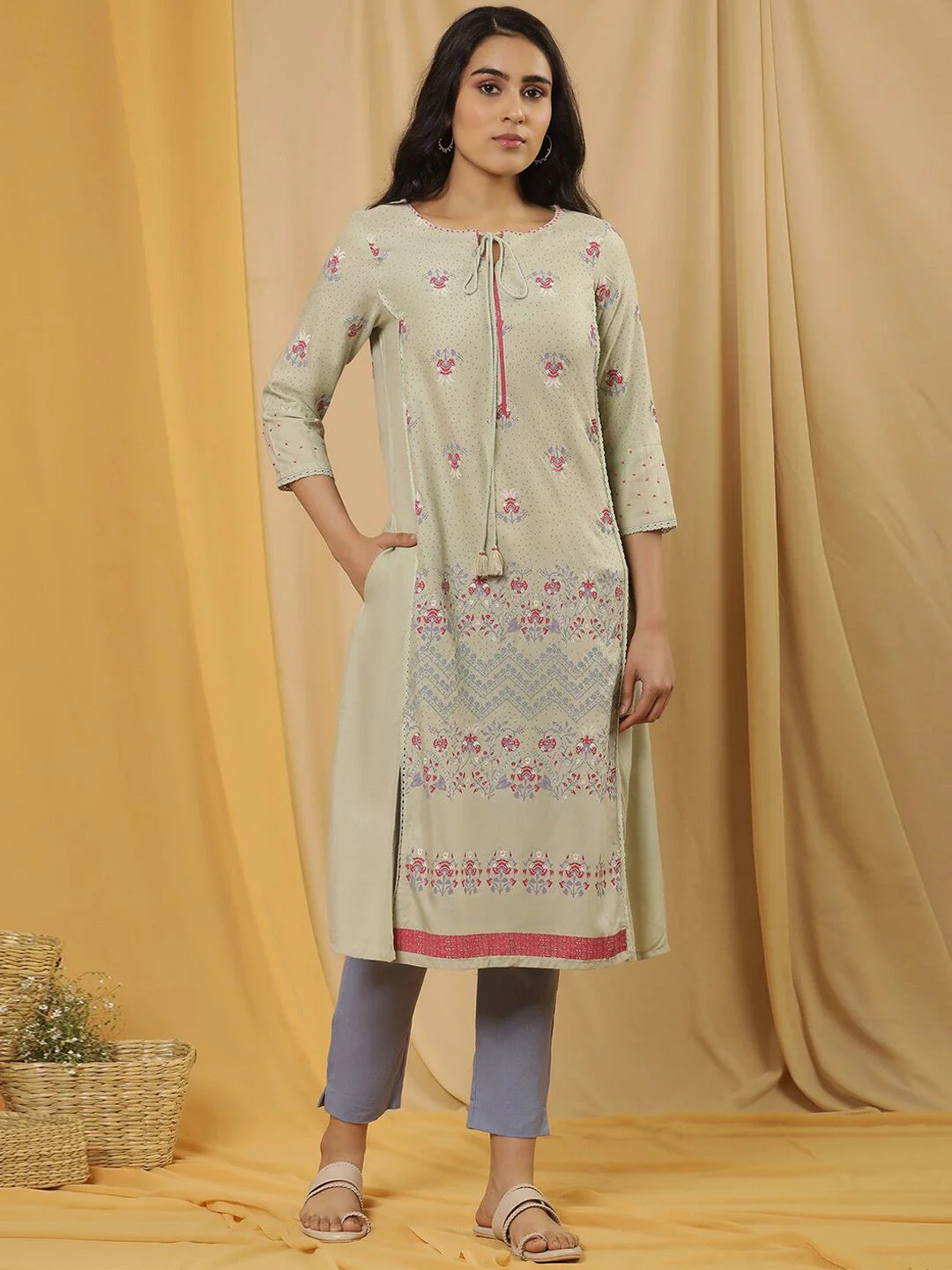 W Floral Printed Tie-Up Neck A-Line Kurta with Trouser - Image 3