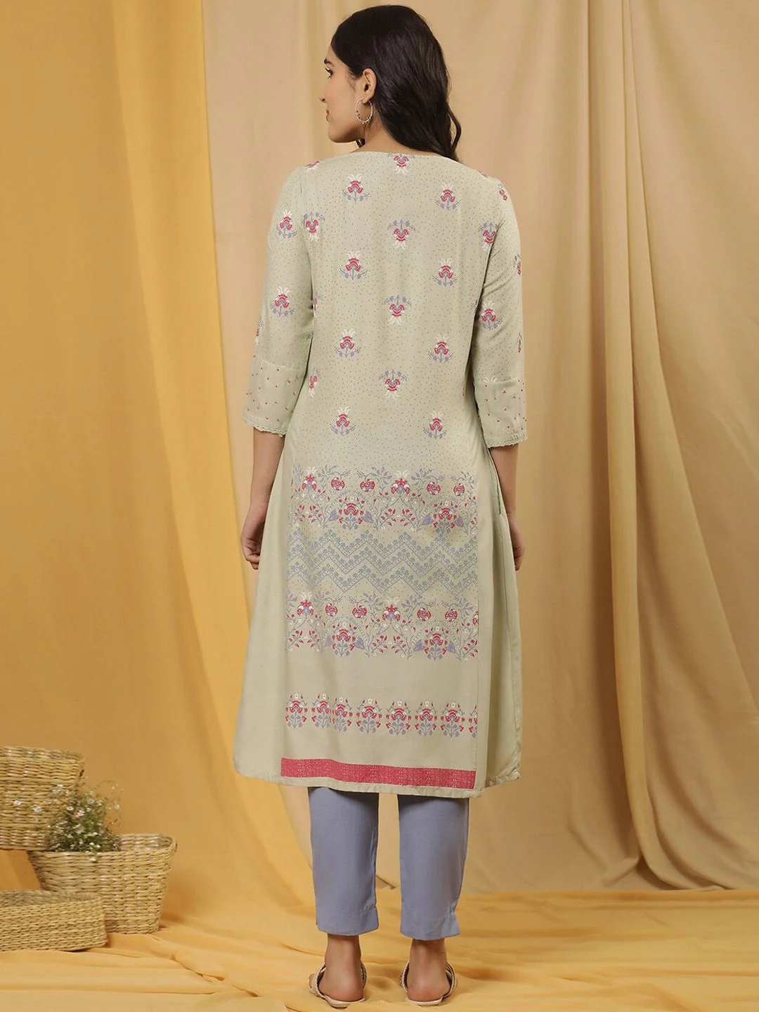 W Floral Printed Tie-Up Neck A-Line Kurta with Trouser - Image 5