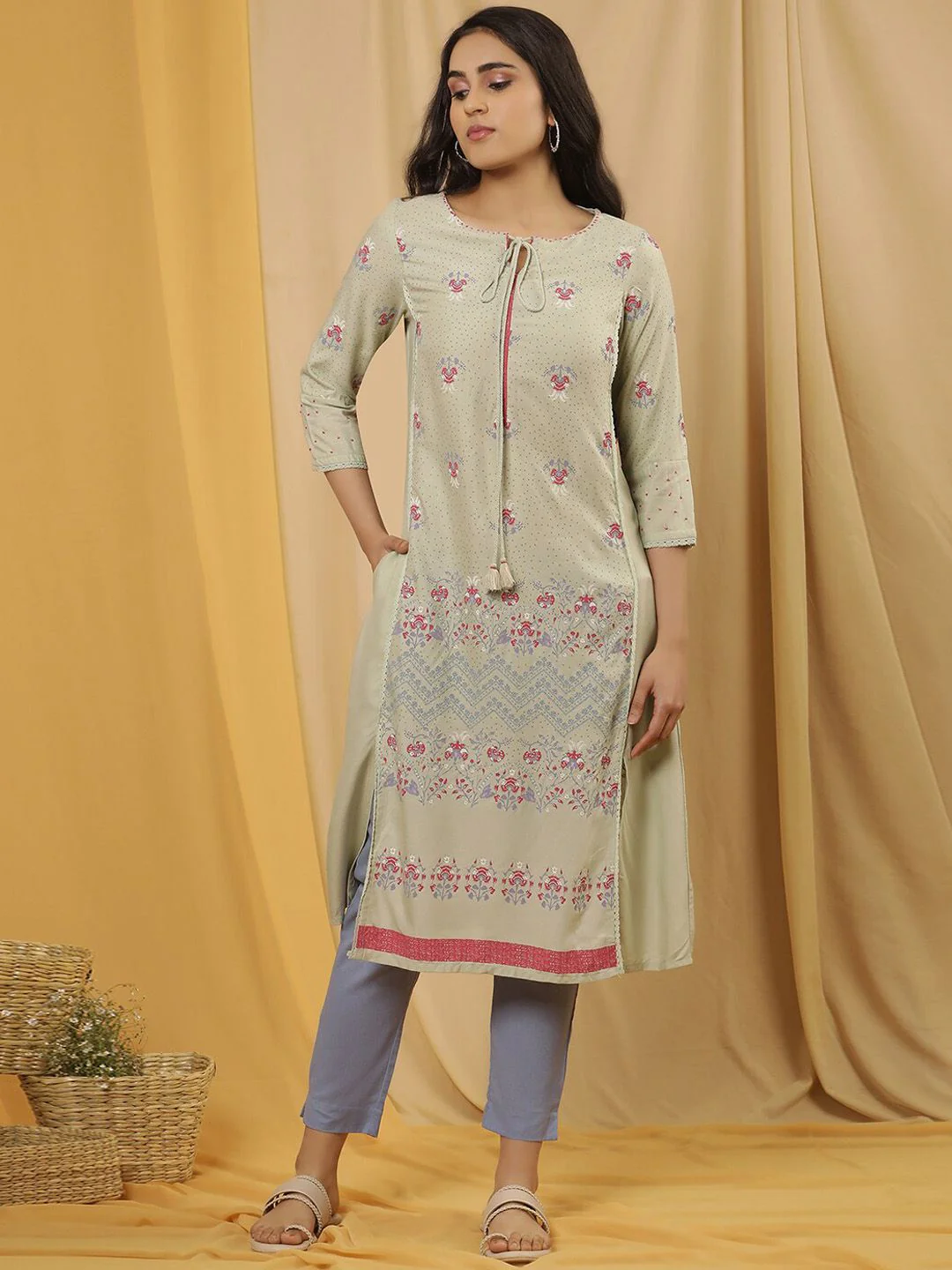 W Floral Printed Tie-Up Neck A-Line Kurta with Trouser - Image 7