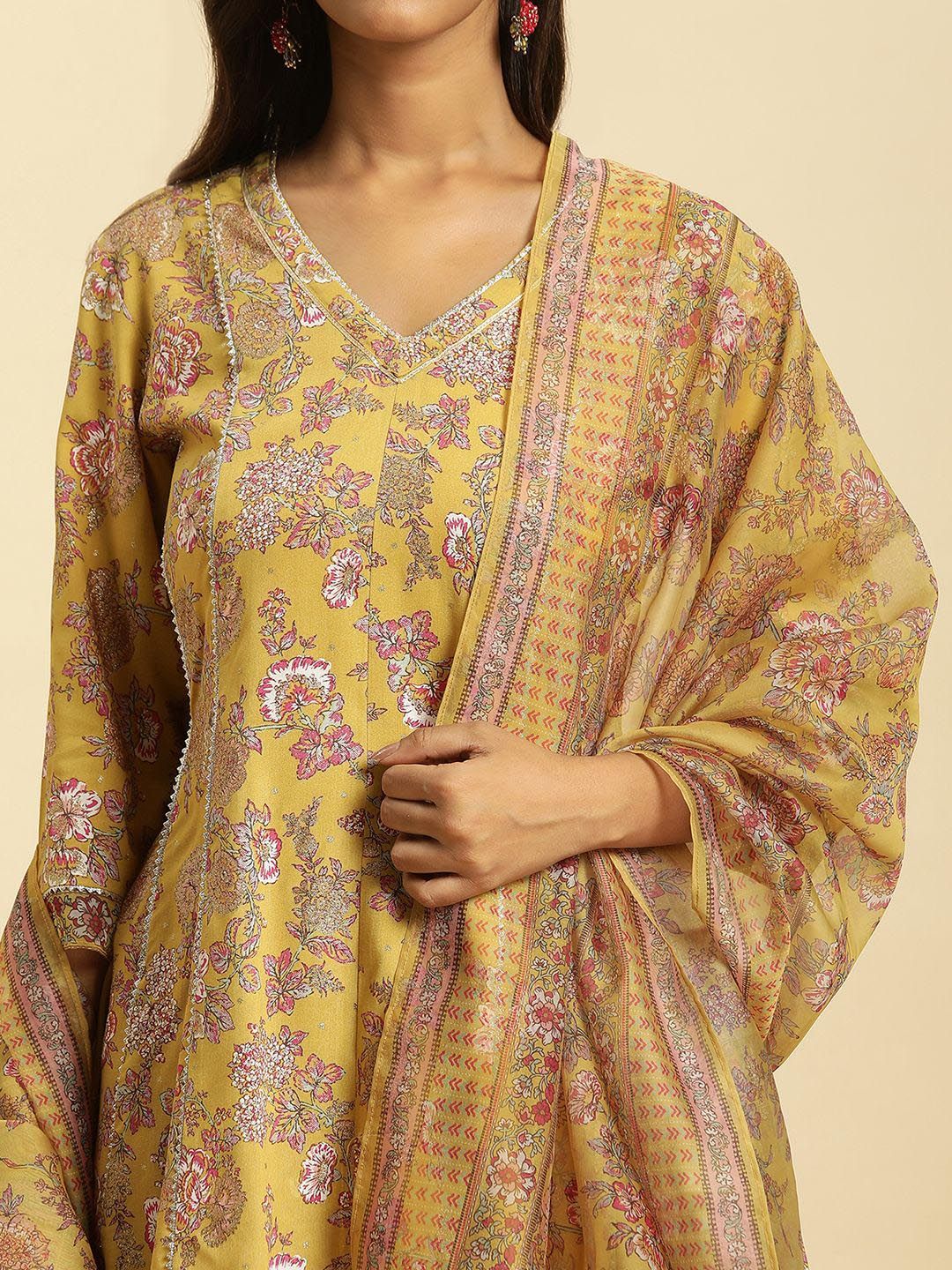 W Floral Printed V-Neck Panelled Gotta Patti A-Line Kurta With Sharara & Dupatta - Image 2