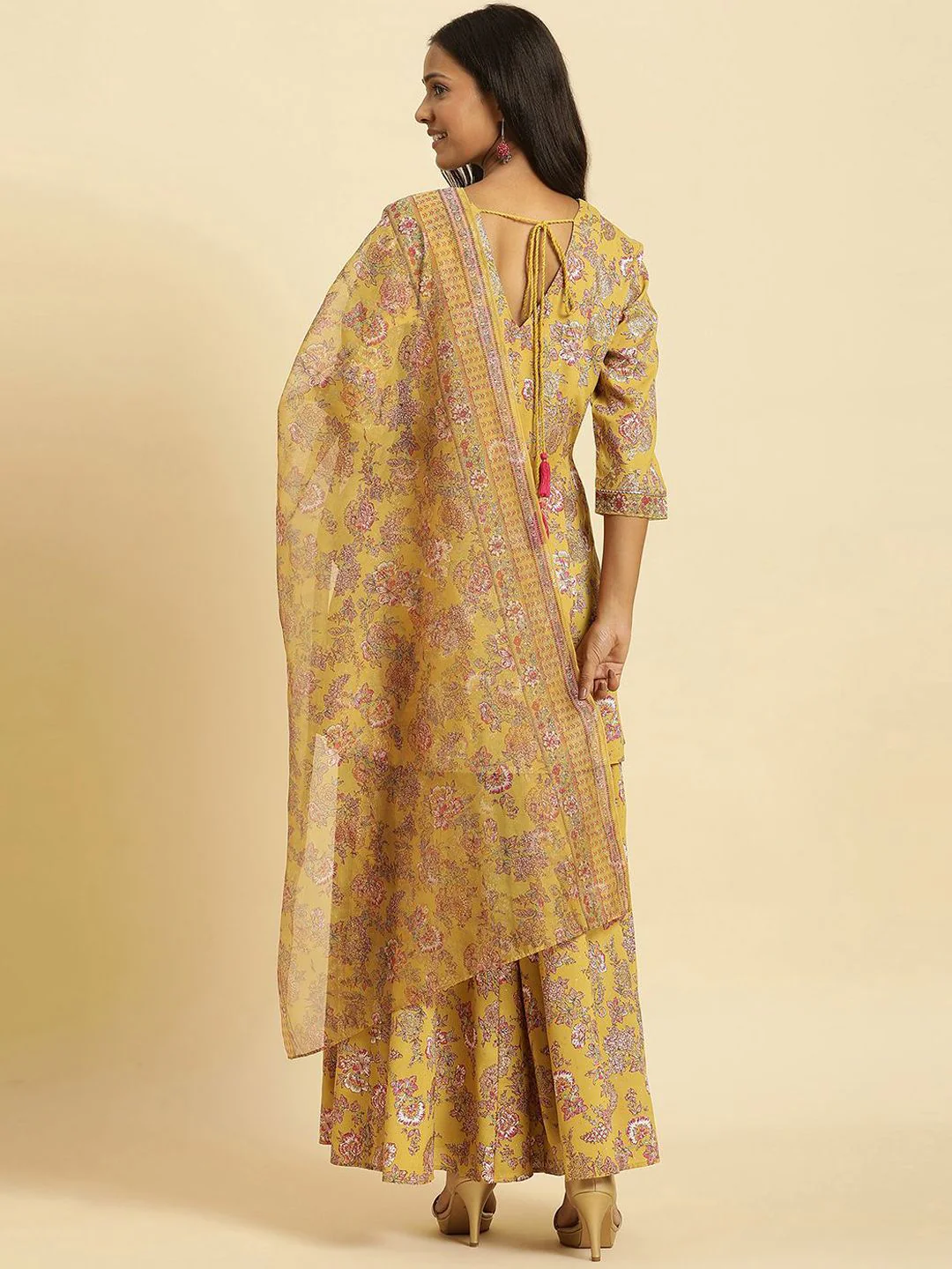 W Floral Printed V-Neck Panelled Gotta Patti A-Line Kurta With Sharara & Dupatta - Image 4