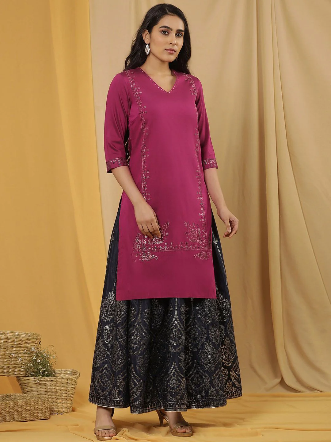 W Geometric Printed Regular Beads and Stones Kurta with Skirt - Image 3