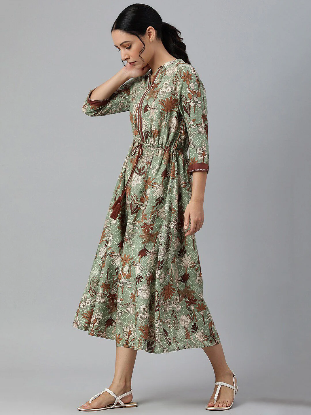 W Green Floral Chiffon A-Line Midi Dress - Image 5