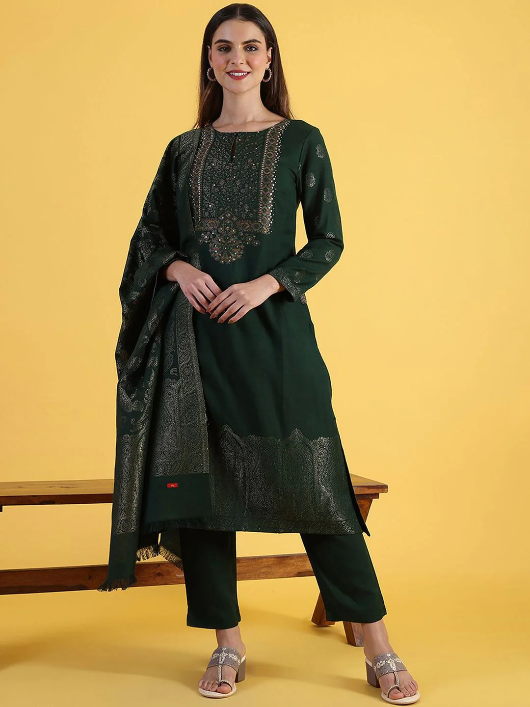 W Green Floral Embroidered Round Neck Straight Kurta With Trousers And Dupatta