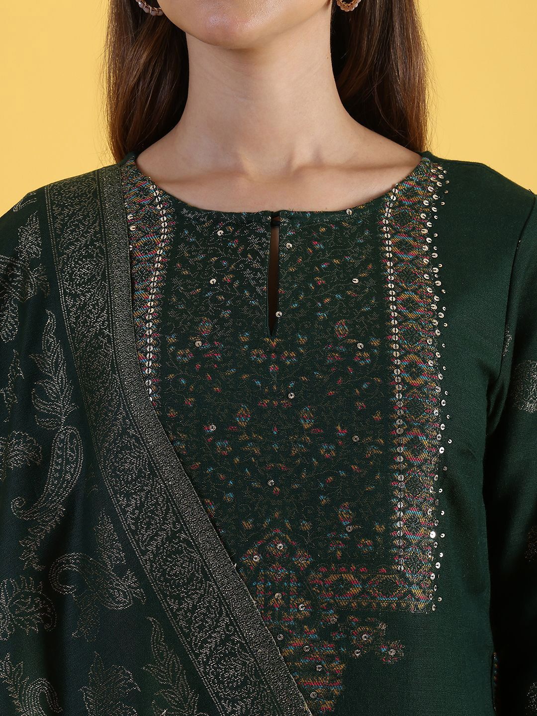 W Green Floral Embroidered Round Neck Straight Kurta With Trousers And Dupatta - Image 2