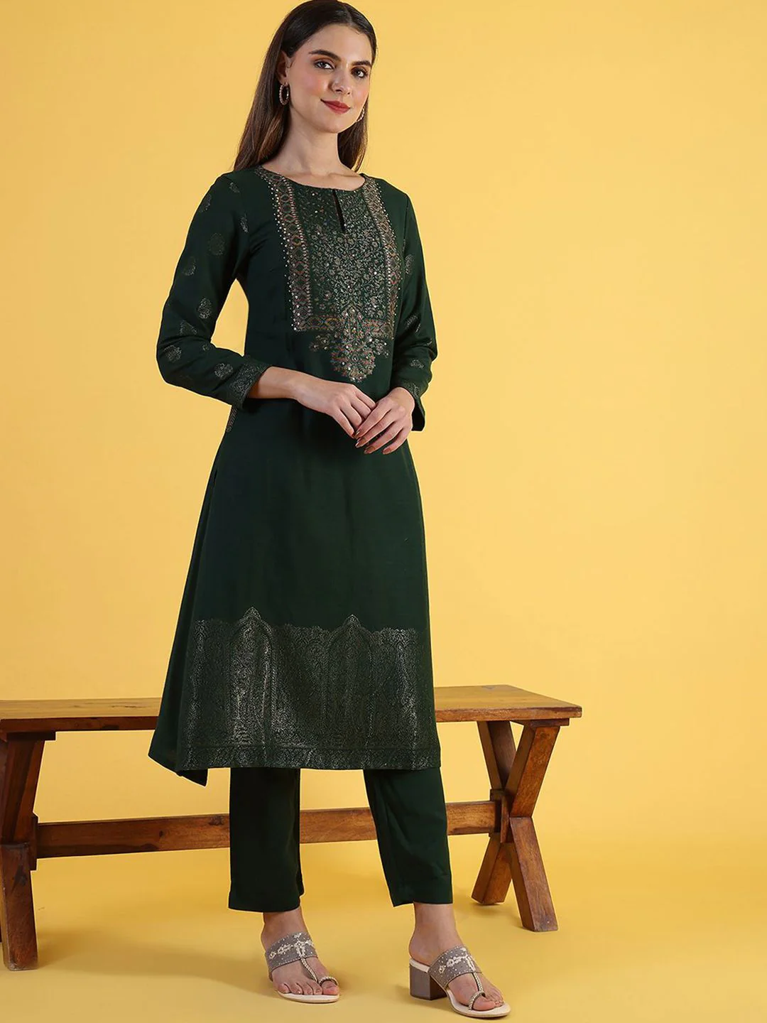 W Green Floral Embroidered Round Neck Straight Kurta With Trousers And Dupatta - Image 3