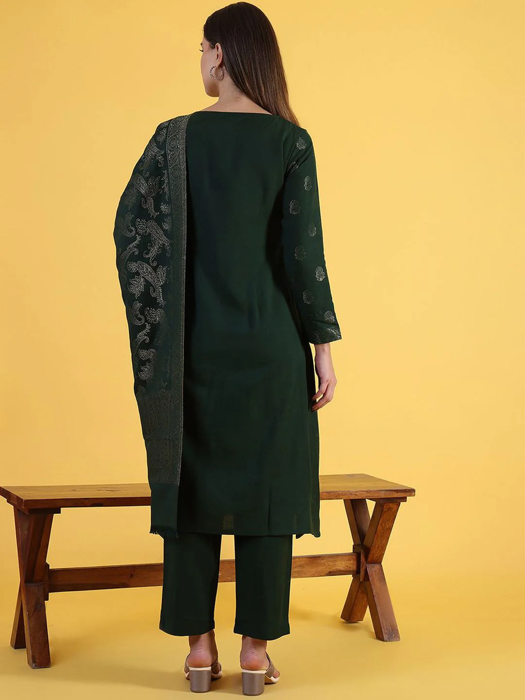 W Green Floral Embroidered Round Neck Straight Kurta With Trousers And Dupatta - Image 4
