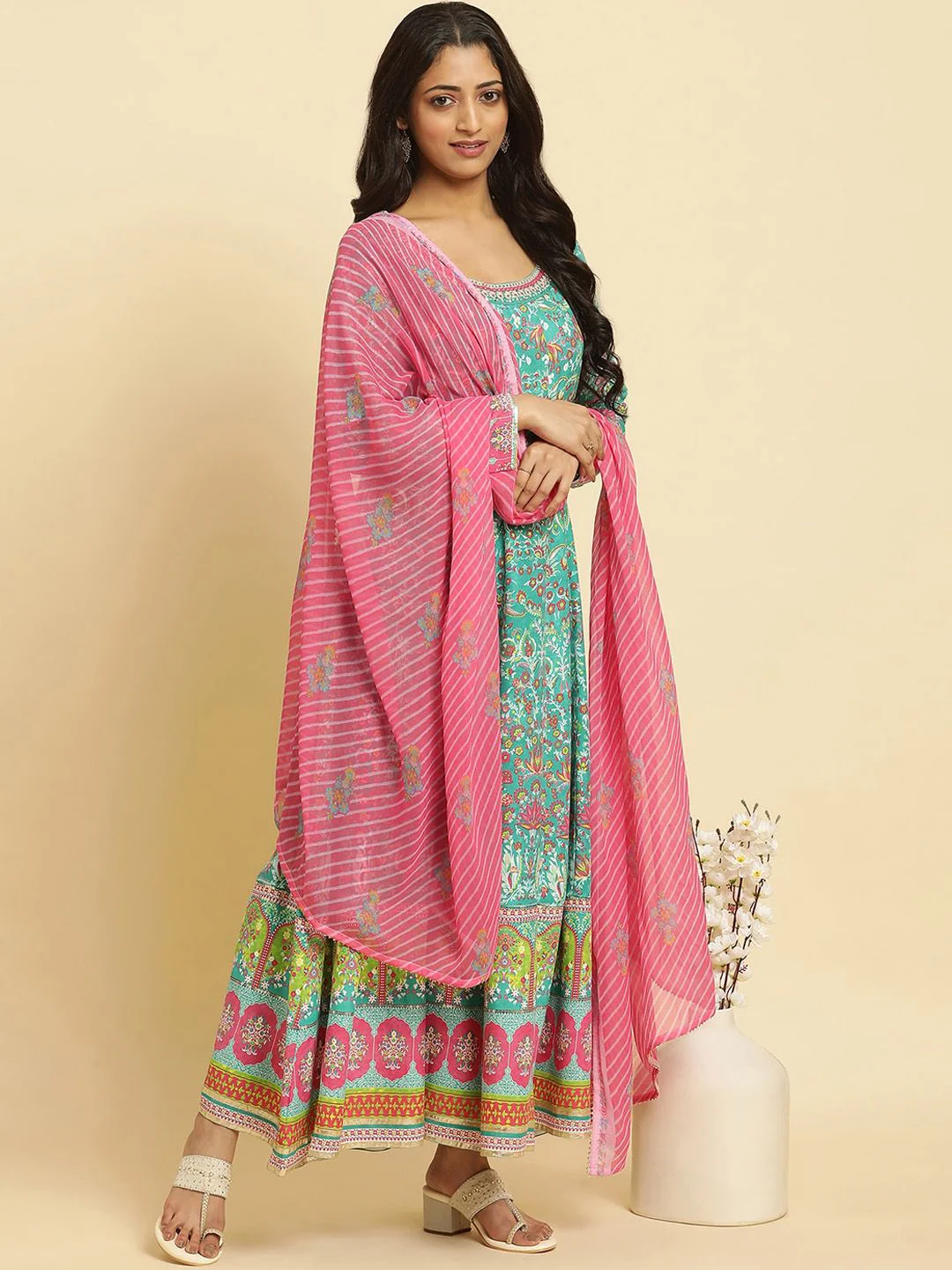 W Green Floral Printed Anarkali Thread Work Kurta With Leggings And Dupatta - Image 6