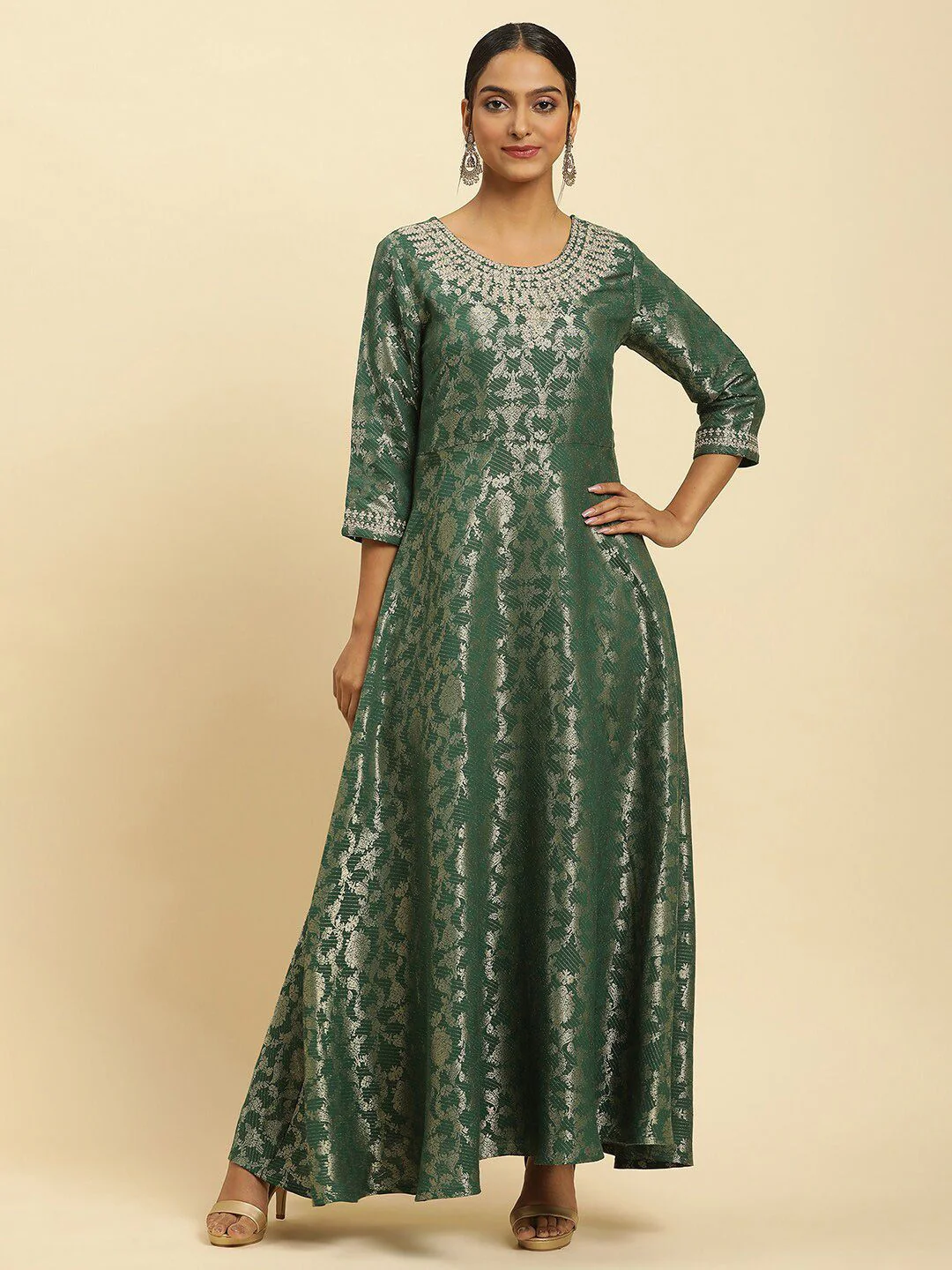W Green Floral Woven Design Round Neck Gathered Fit & Flare Maxi Ethnic Dress