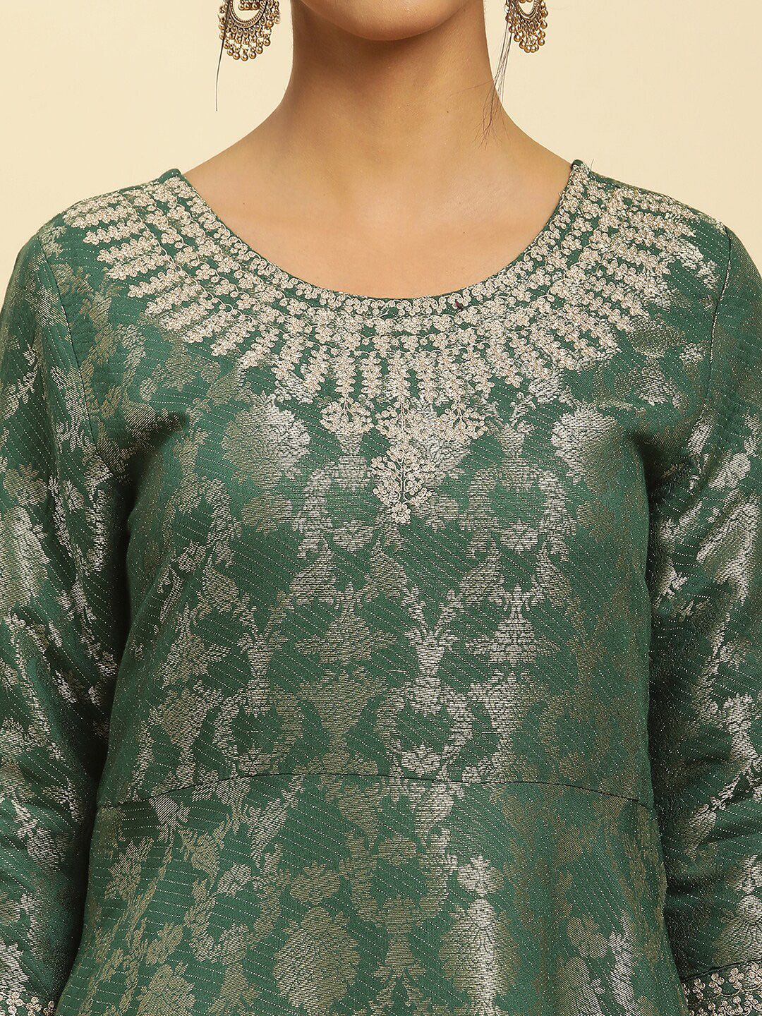 W Green Floral Woven Design Round Neck Gathered Fit & Flare Maxi Ethnic Dress - Image 2