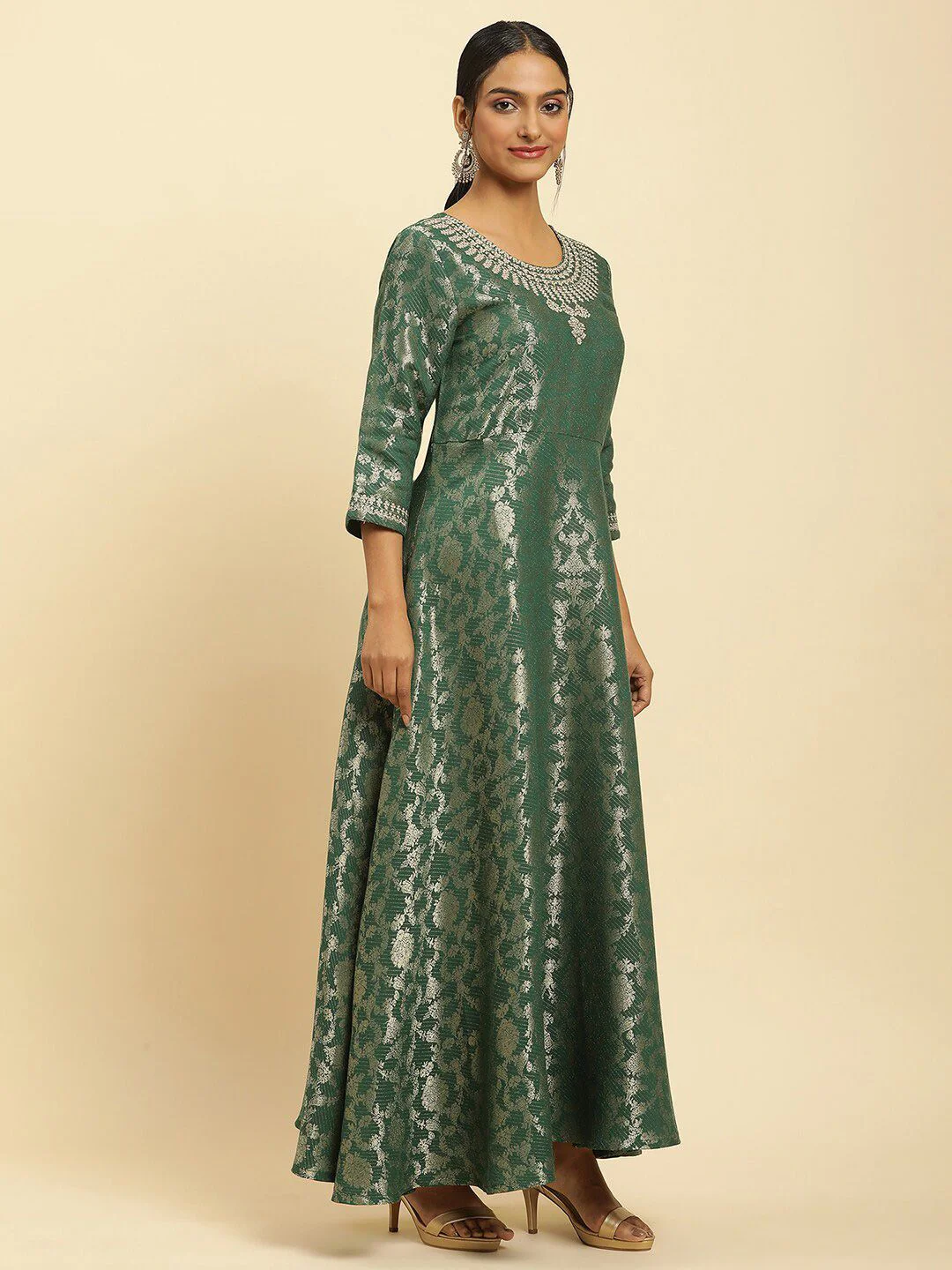 W Green Floral Woven Design Round Neck Gathered Fit & Flare Maxi Ethnic Dress - Image 3