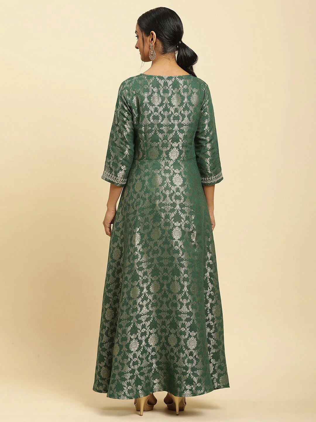 W Green Floral Woven Design Round Neck Gathered Fit & Flare Maxi Ethnic Dress - Image 4