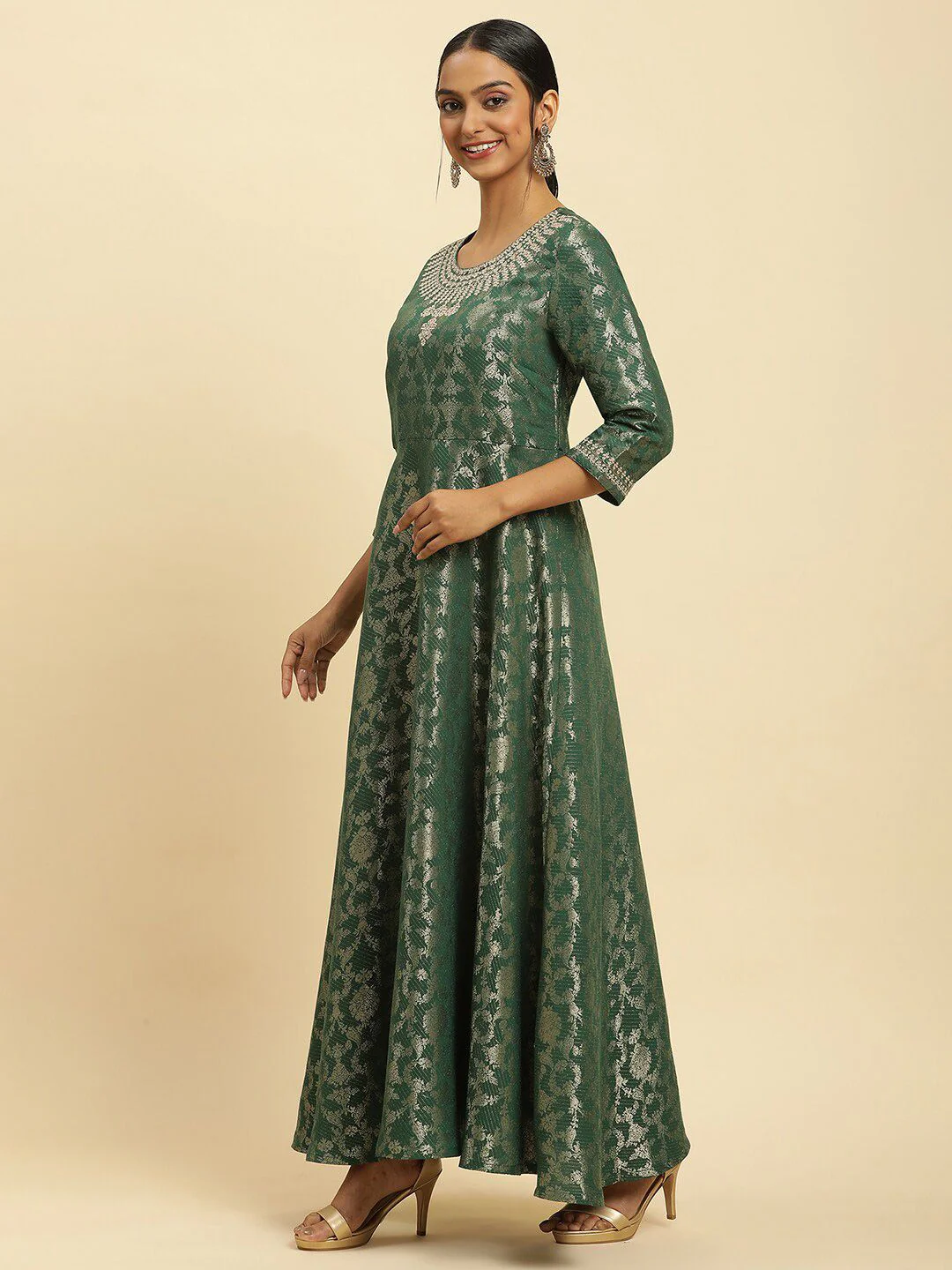 W Green Floral Woven Design Round Neck Gathered Fit & Flare Maxi Ethnic Dress - Image 5
