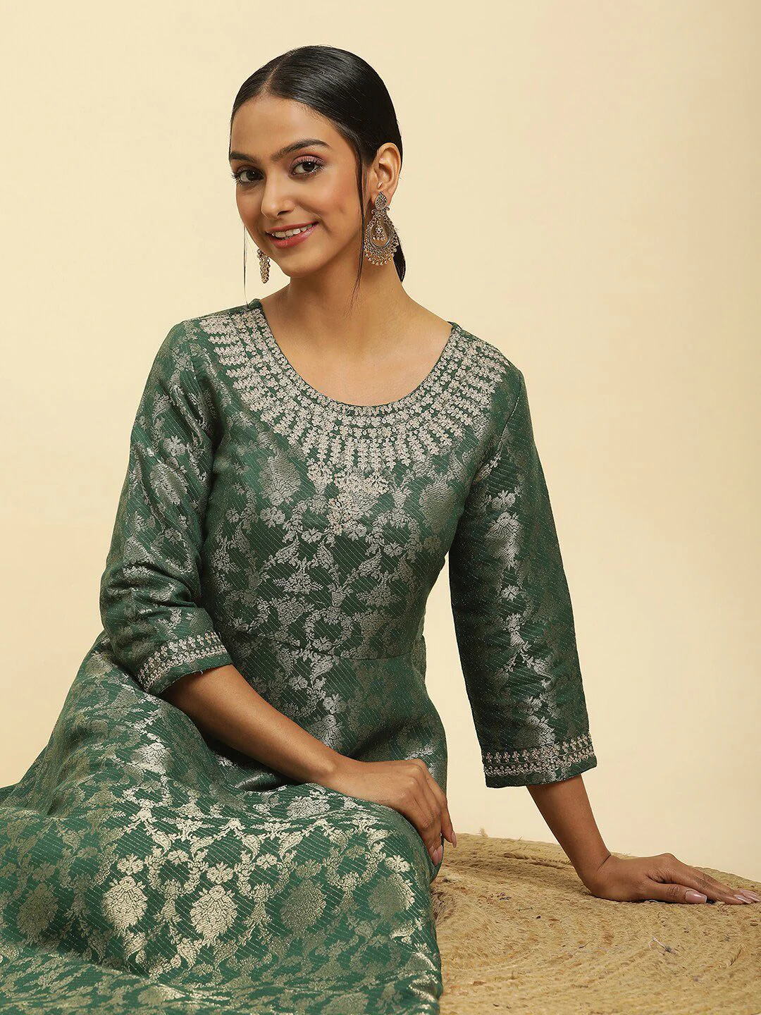 W Green Floral Woven Design Round Neck Gathered Fit & Flare Maxi Ethnic Dress - Image 6
