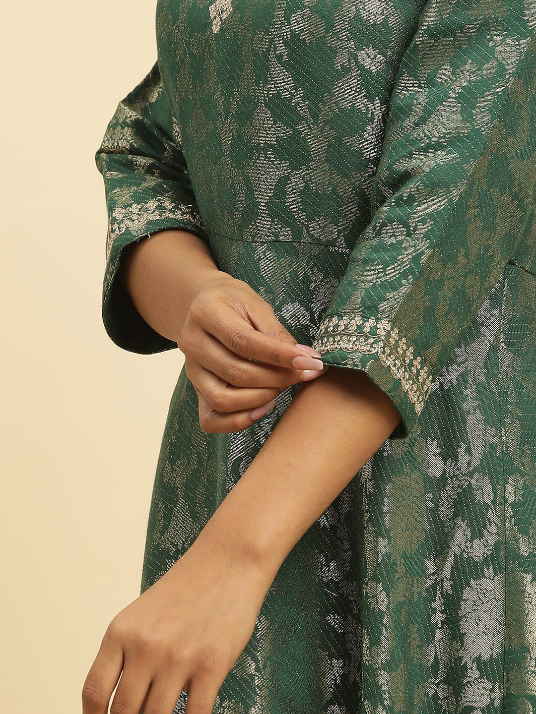 W Green Floral Woven Design Round Neck Gathered Fit & Flare Maxi Ethnic Dress - Image 7