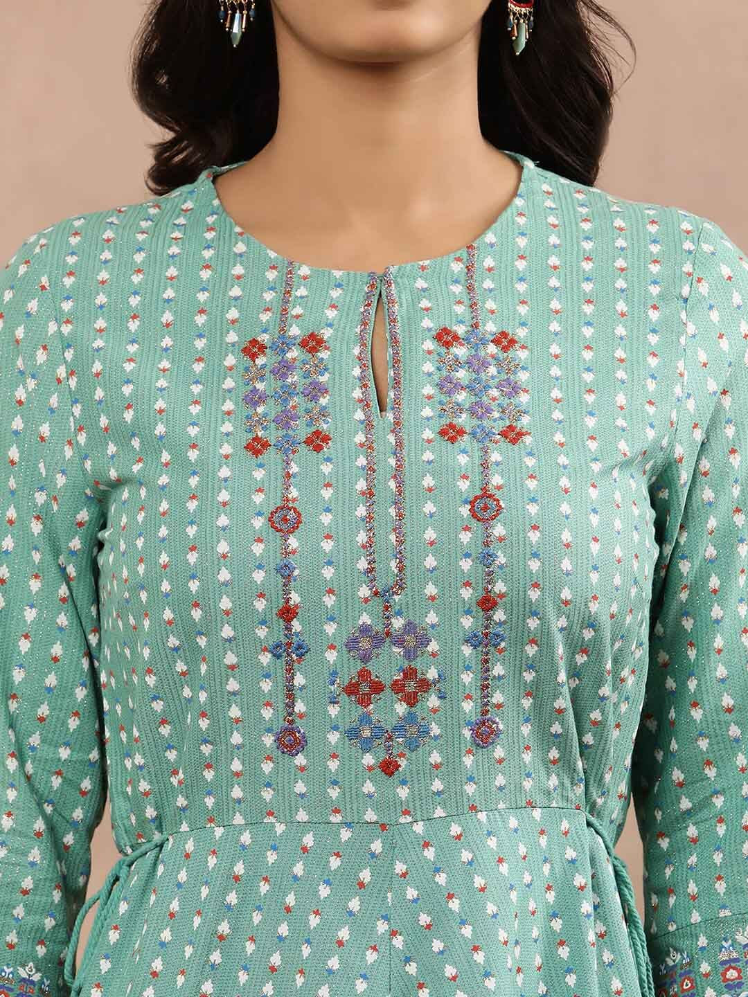W Green Geometric Printed Keyhole Neck Anarkali Kurta Set - Image 2