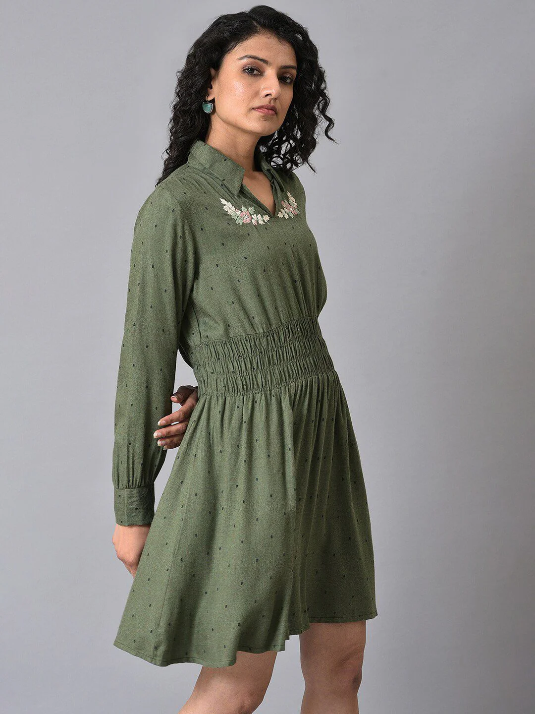 W Green Shirt Collar Polka Dots Printed Embroidered Fit And Flare Dress - Image 3