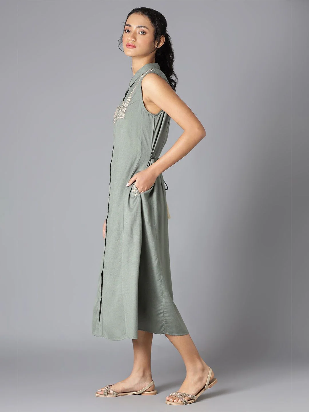 W Green & White Floral Embroidered Shirt Midi Dress - Image 3