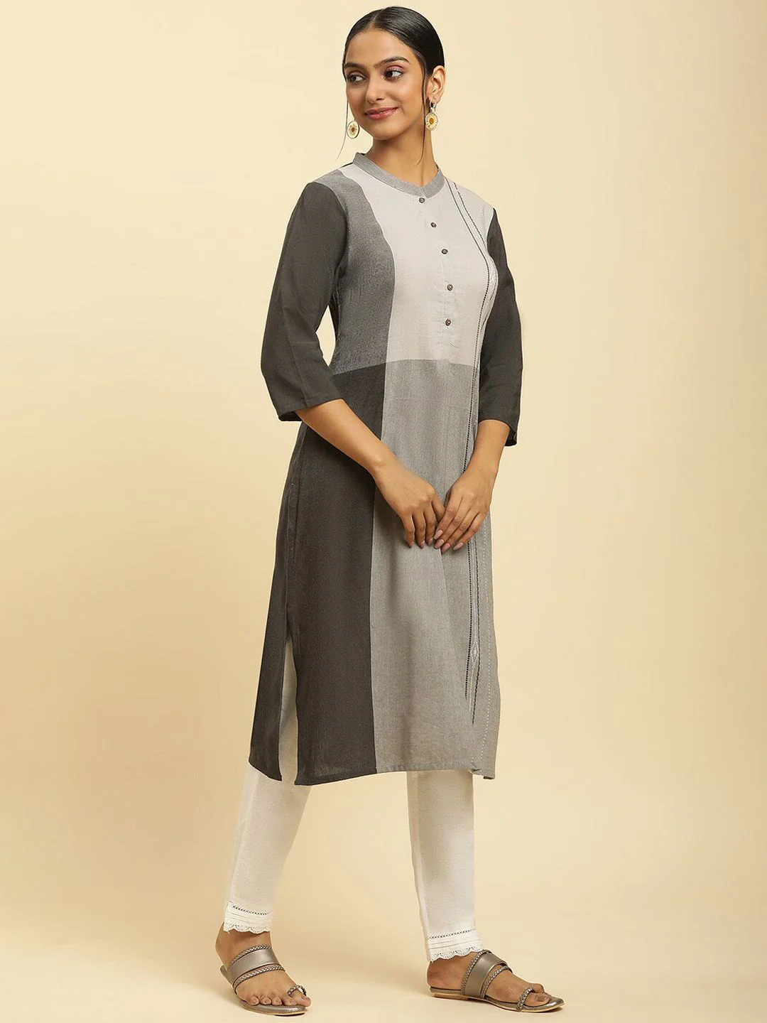 W Grey Mandarin Collar Straight Kurta - Image 3