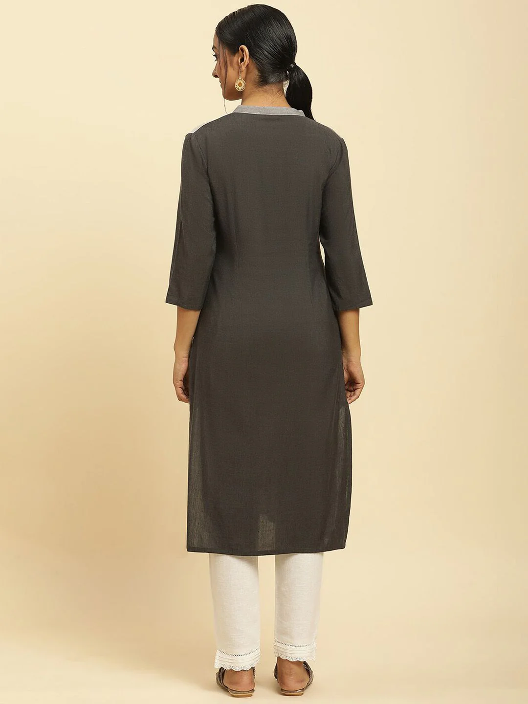 W Grey Mandarin Collar Straight Kurta - Image 4