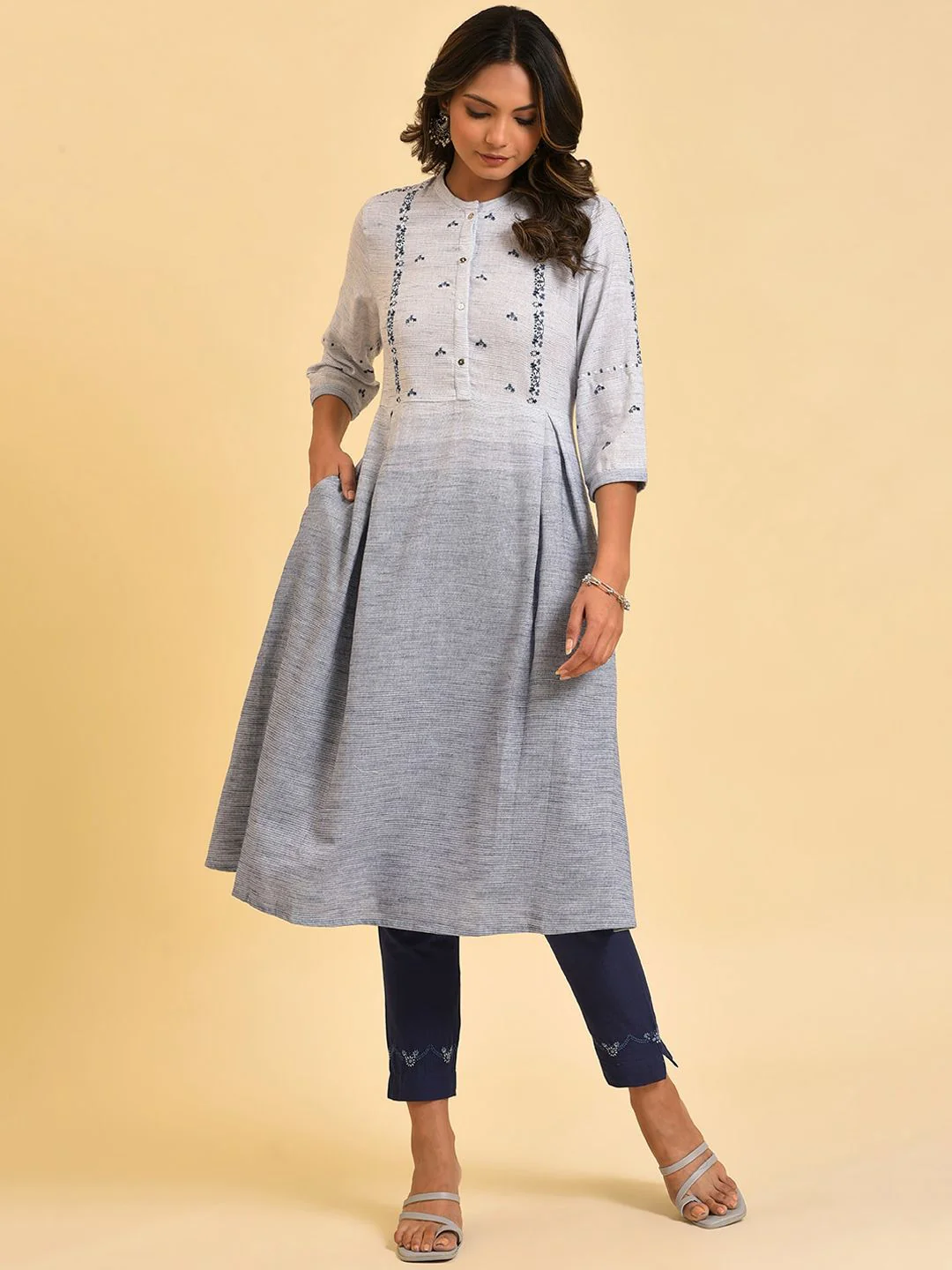 W Grey & Navy Blue Floral Embroidered Pure Cotton A-Line Kurta - Image 3