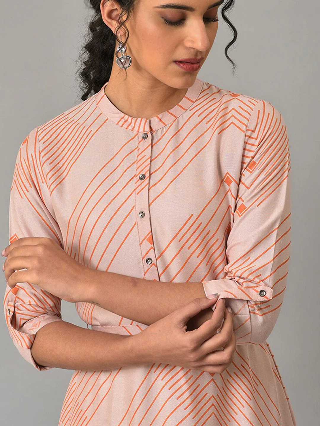 W Mandarin Collar Striped A-Line Midi Dress - Image 2