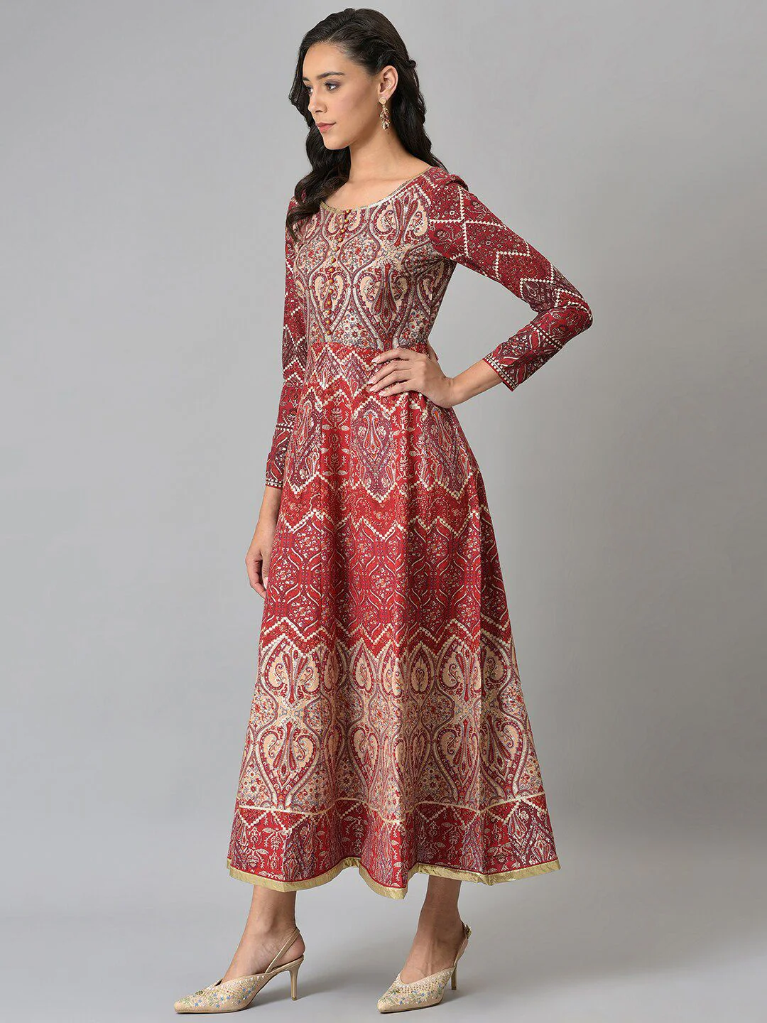 W Maroon & Beige Ethnic Motifs Chiffon Ethnic Maxi Dress - Image 4