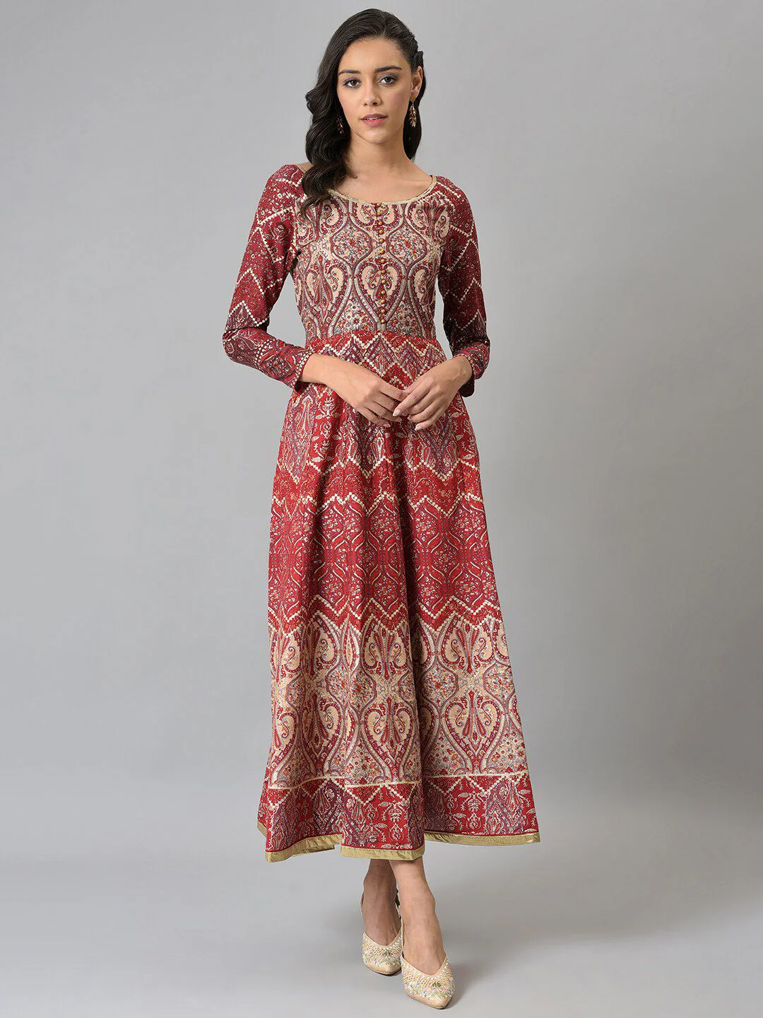 W Maroon & Beige Ethnic Motifs Chiffon Ethnic Maxi Dress - Image 5