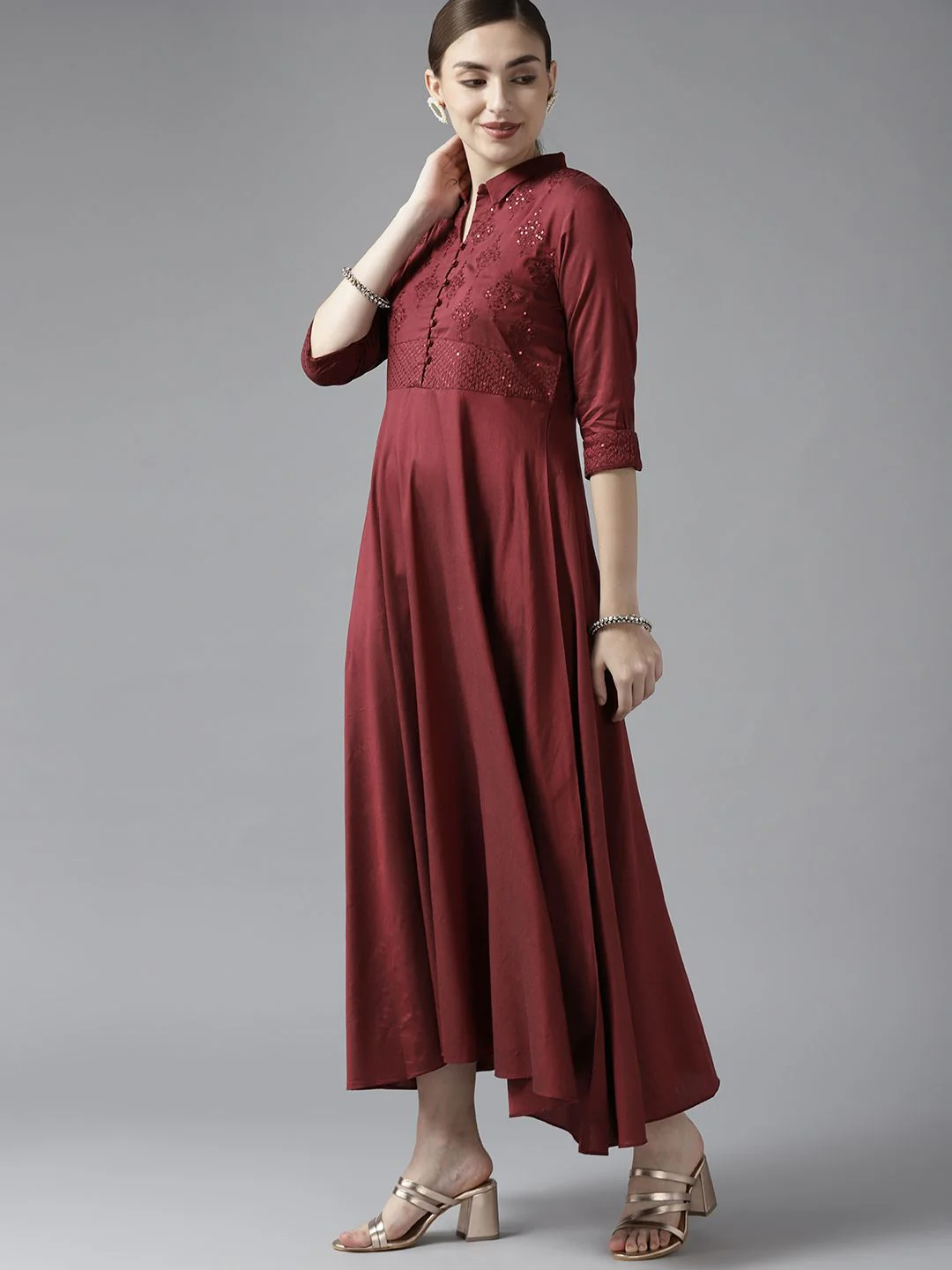 W Maroon Ethnic Motifs Embroidered Maxi Dress