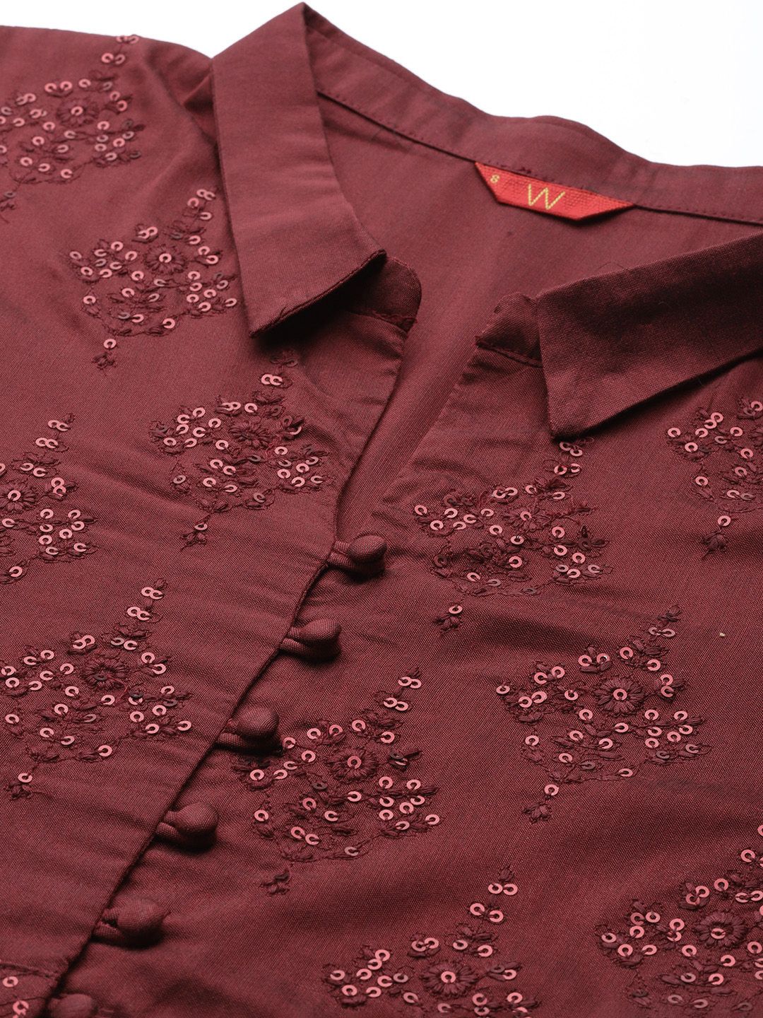 W Maroon Ethnic Motifs Embroidered Maxi Dress - Image 2